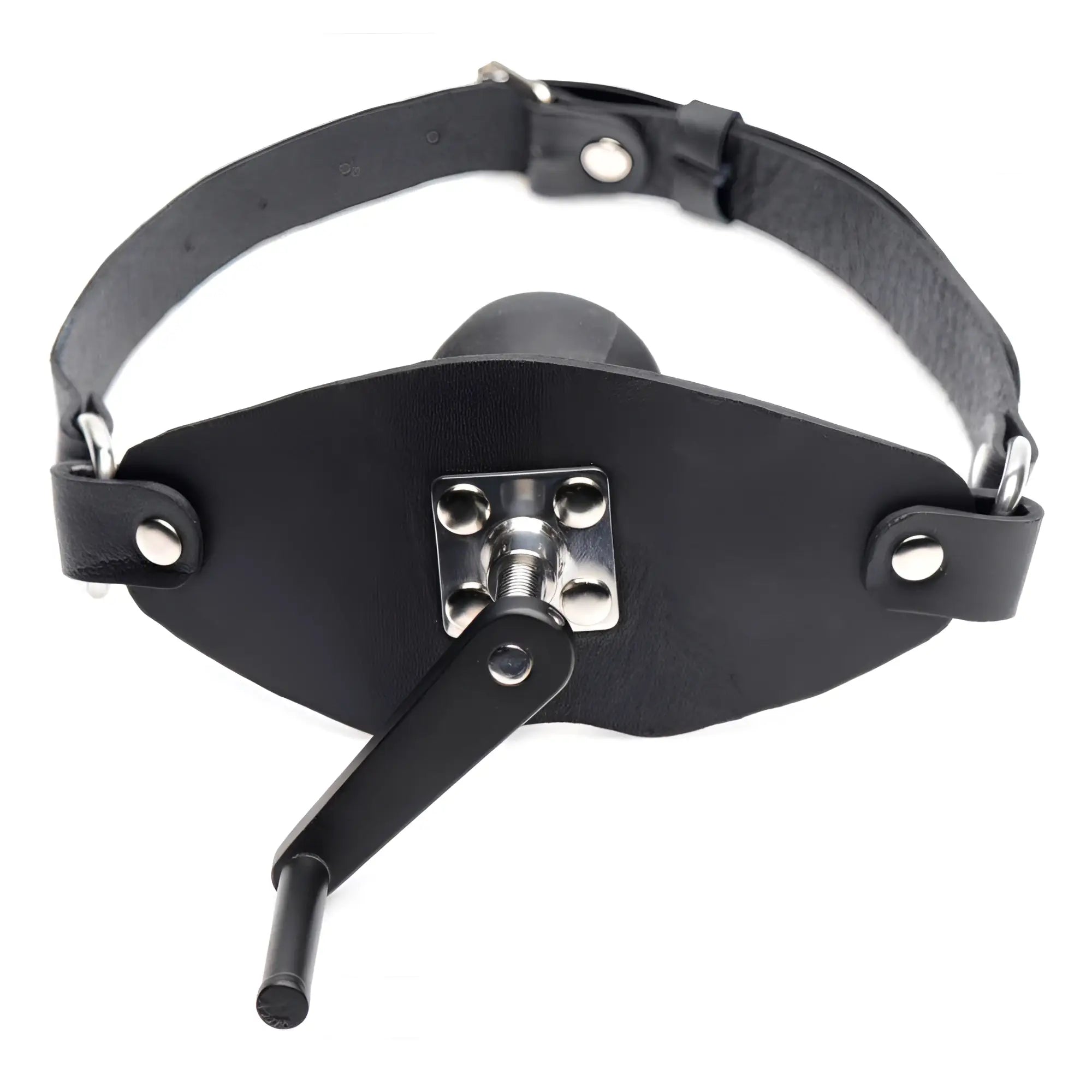 Master Series black leather crank ball gag with a silver metal adjustable mechanism and head strap.