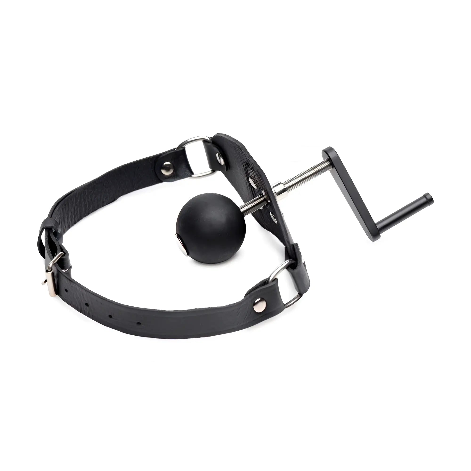 Master Series Crank Ball Gag with a black leather collar, a matte black ball, and an adjustable metal crank mechanism.