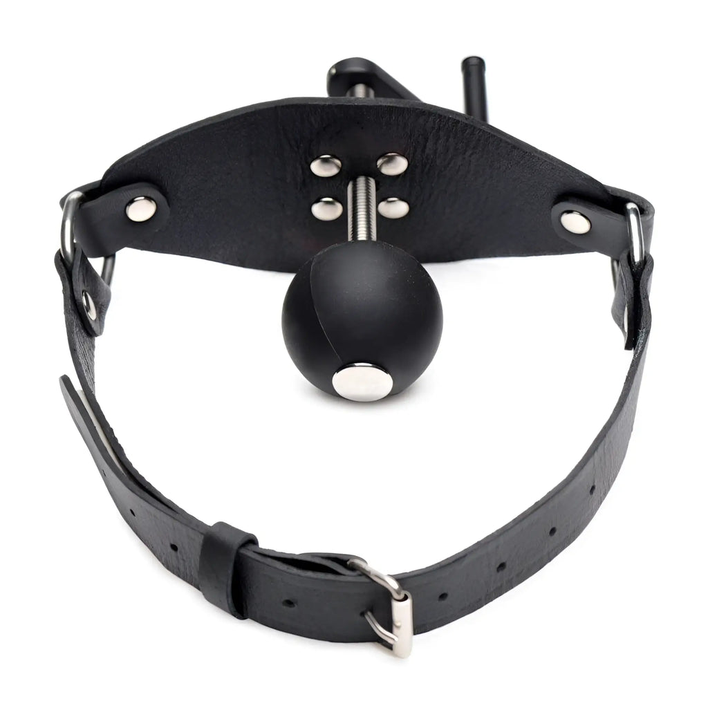 Master Series black leather crank ball gag with metal hardware and adjustable buckle on a white background.