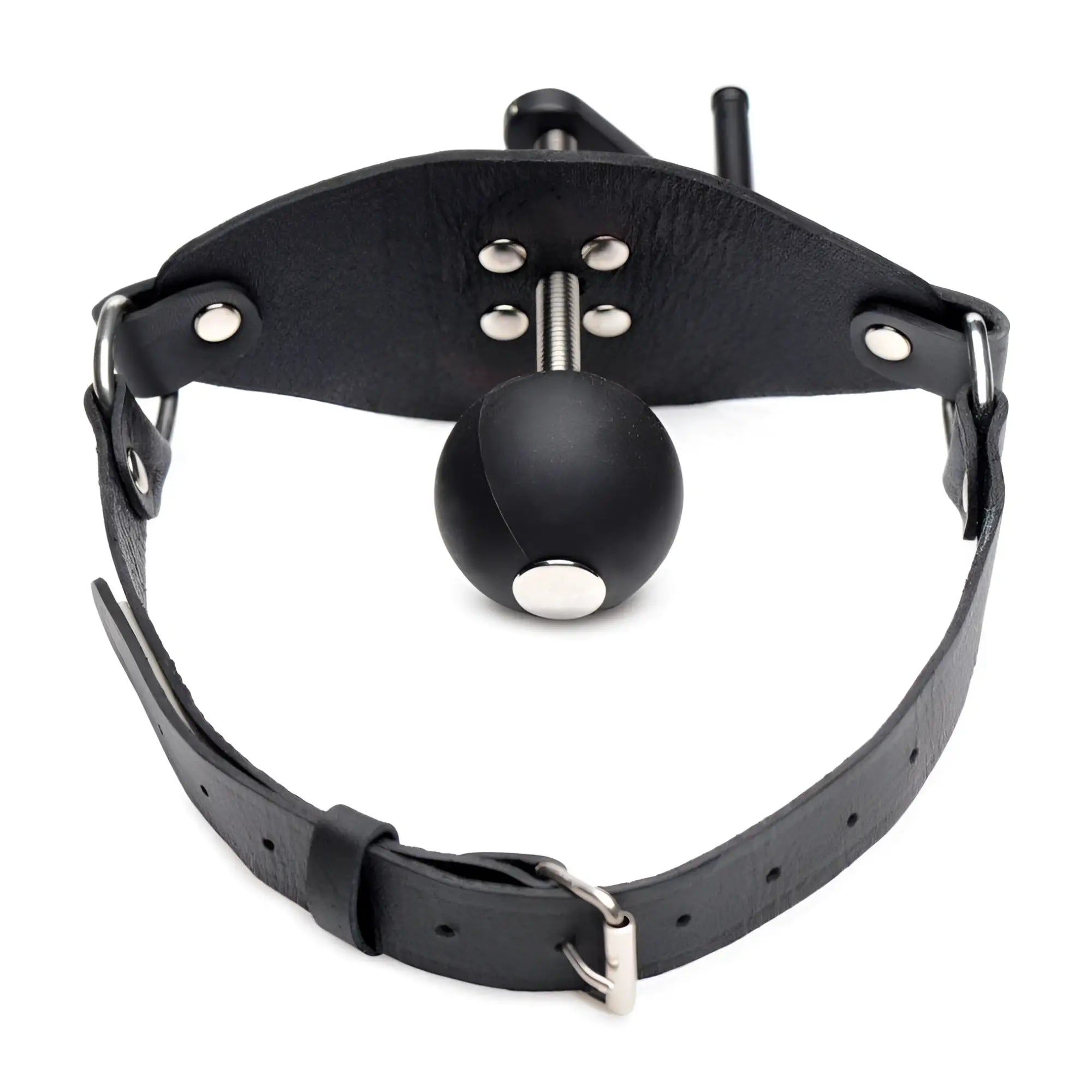Master Series black leather crank ball gag with metal hardware and adjustable buckle on a white background.