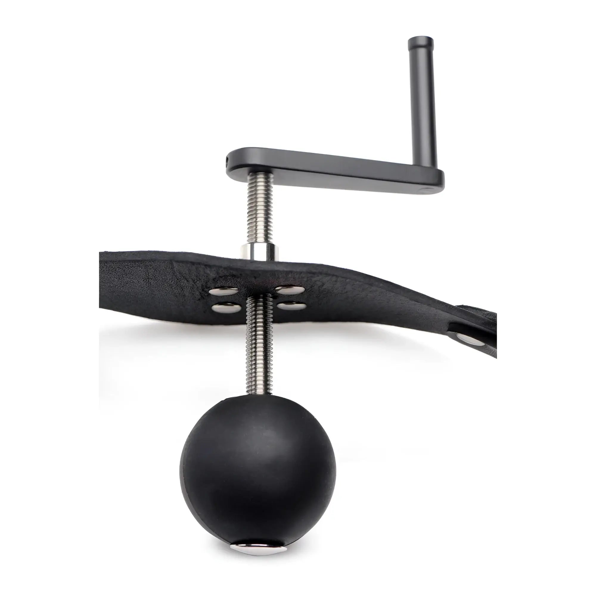 Master Series Crank Ball Gag with a black silicone ball, threaded adjustment screw, and a black leather strap.