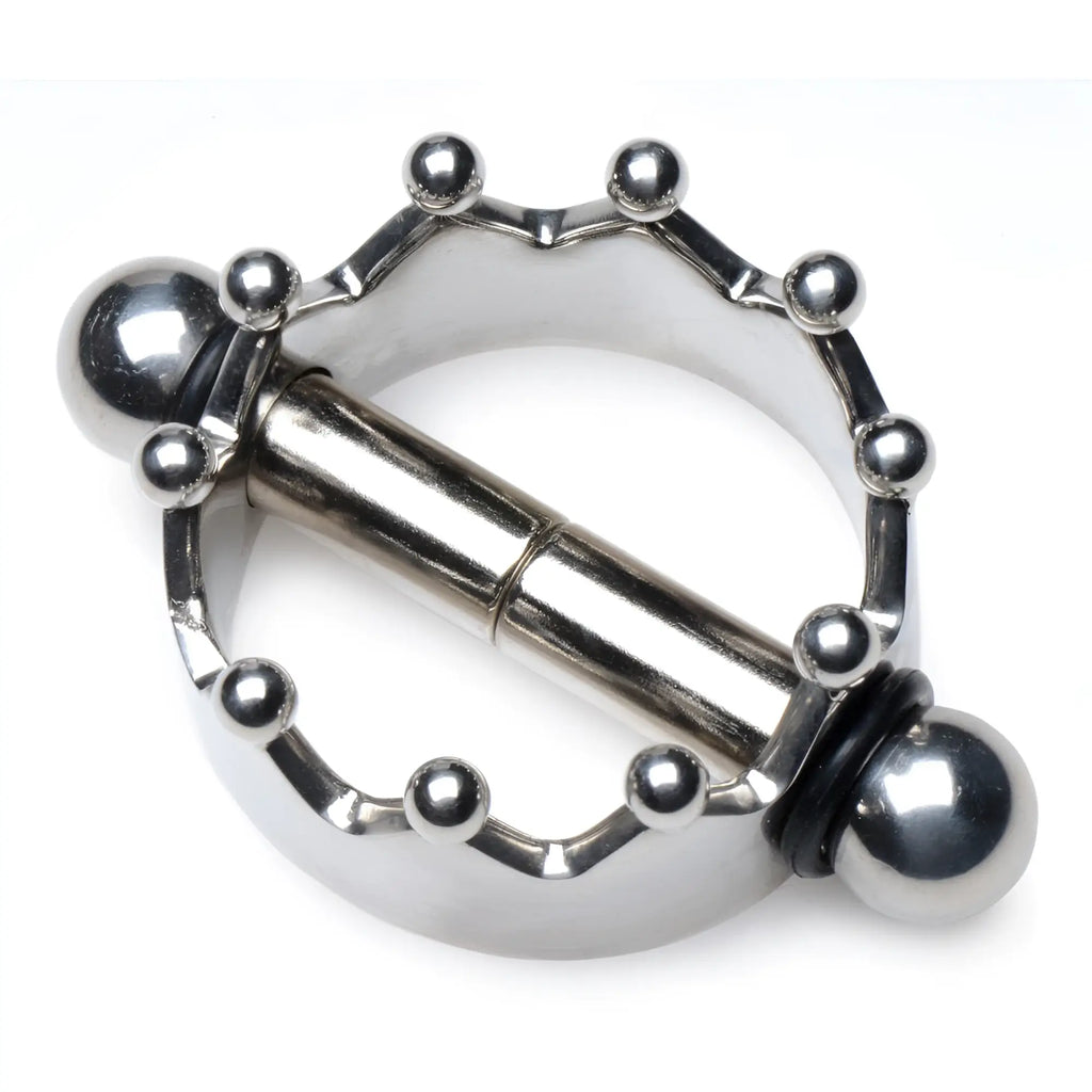 Master Series Crowned Magnetic Nipple Clamps: shiny silver crown-shaped ring with a magnetic metal bar attachment.
