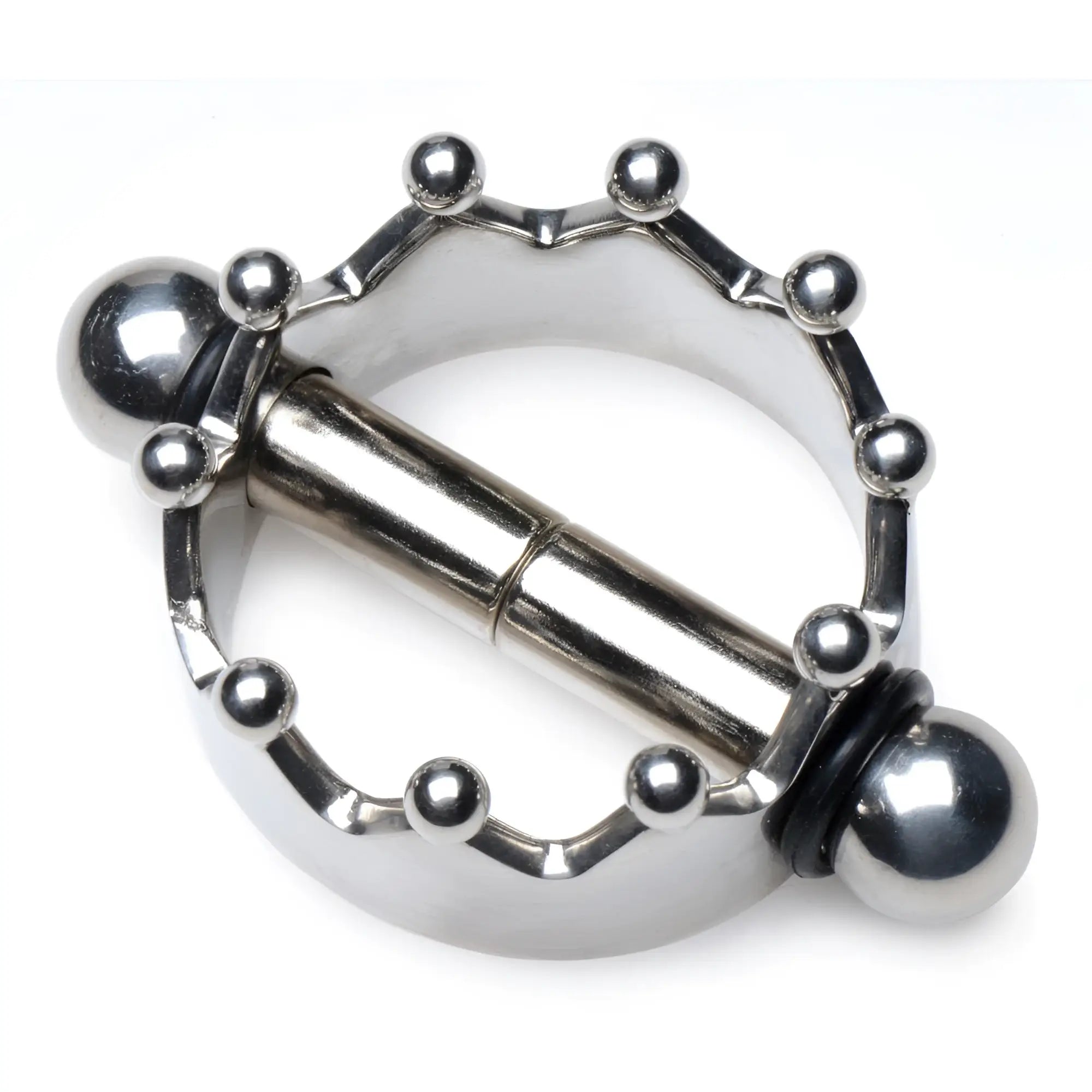Master Series Crowned Magnetic Nipple Clamps: shiny silver crown-shaped ring with a magnetic metal bar attachment.