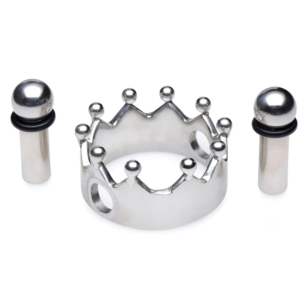 Master Series Crowned Magnetic Nipple Clamps featuring a silver crown-shaped base and two magnetic silver metal plugs.