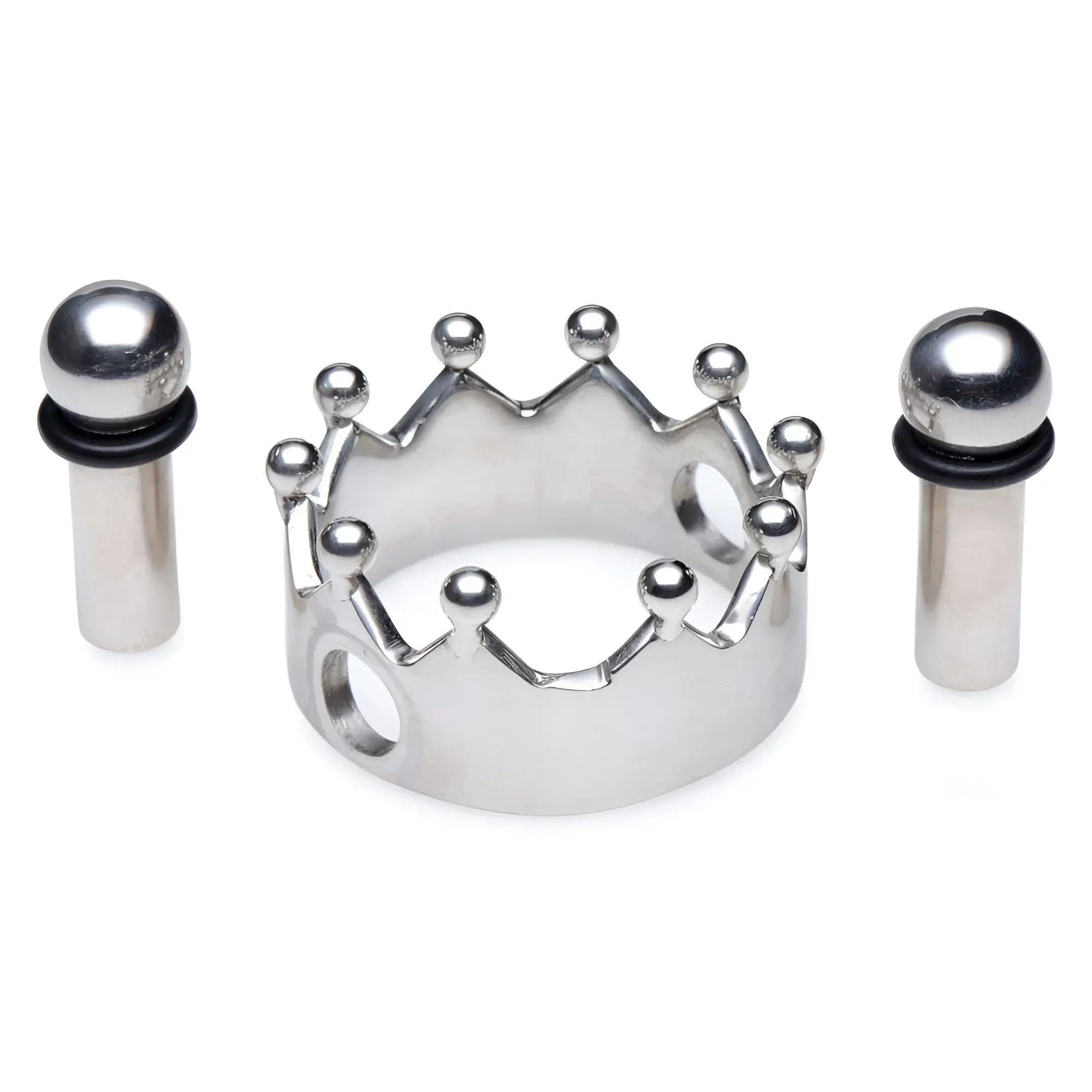 Master Series Crowned Magnetic Nipple Clamps featuring a silver crown-shaped base and two magnetic silver metal plugs.