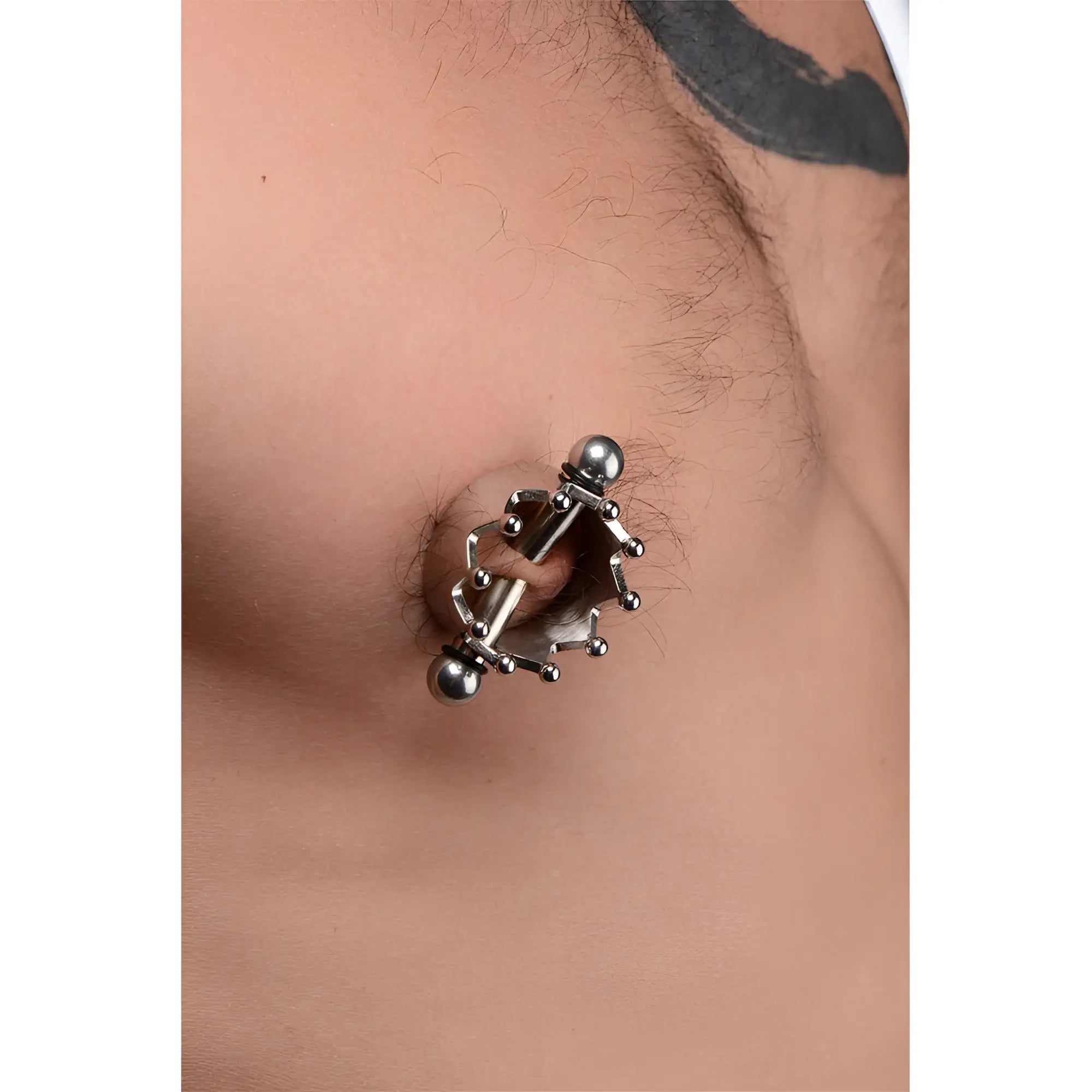 Master Series Crowned Magnetic Nipple Clamps: a polished silver-tone, crown-shaped magnetic clamp on a male nipple.