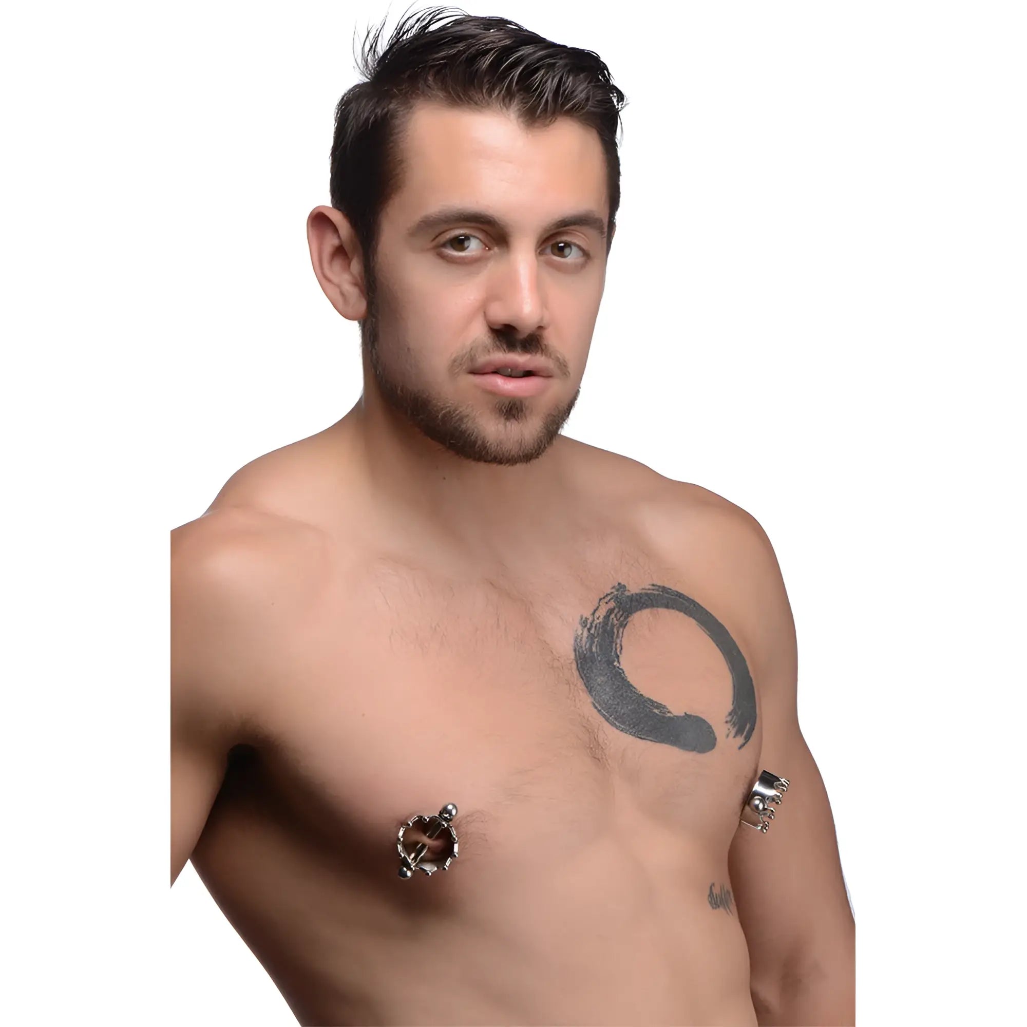 Man wearing silver-toned, crown-style Master Series magnetic nipple clamps against his bare chest.