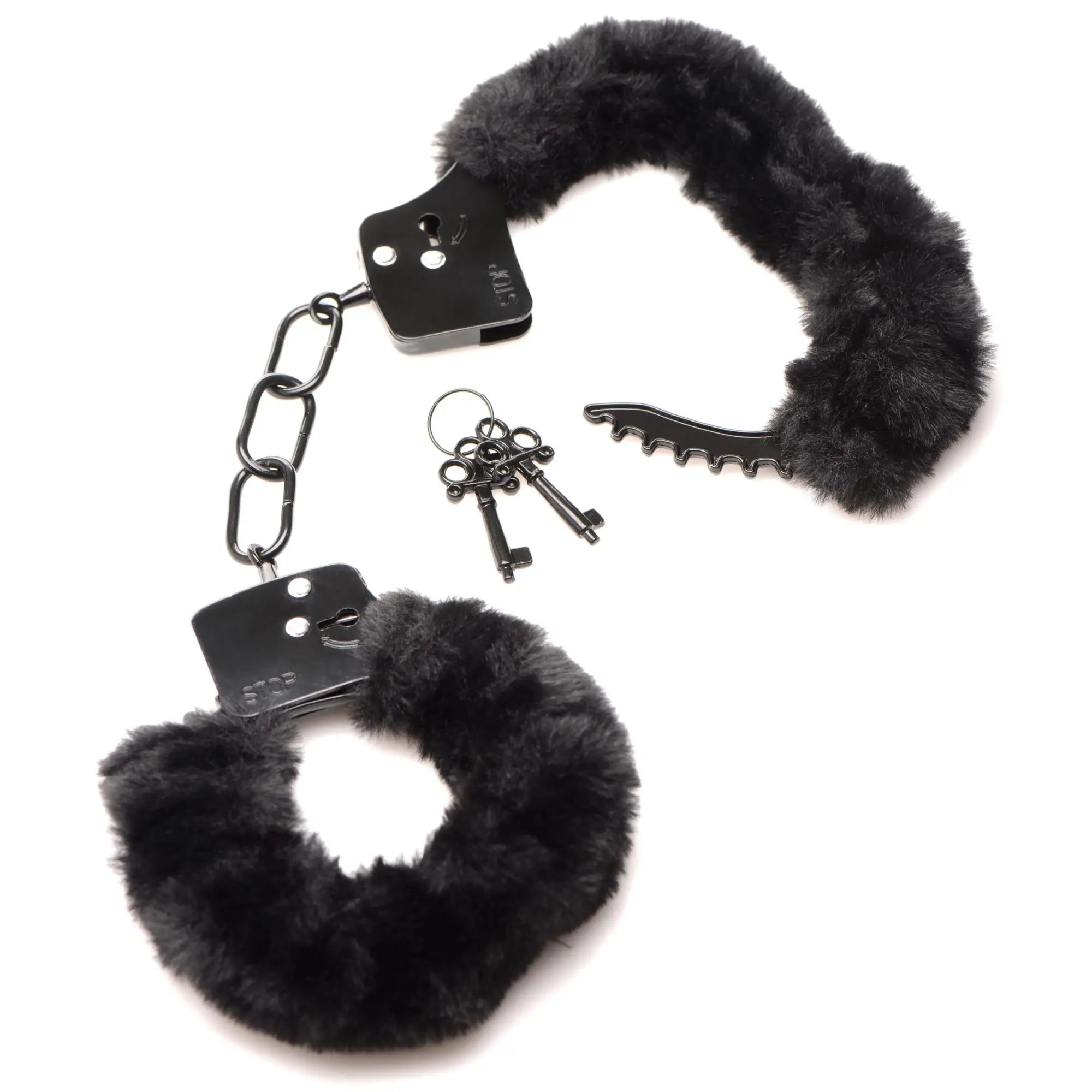 Master Series Cuffed In Fur: black metal handcuffs with plush black faux fur lining, connected by chain, with two keys.