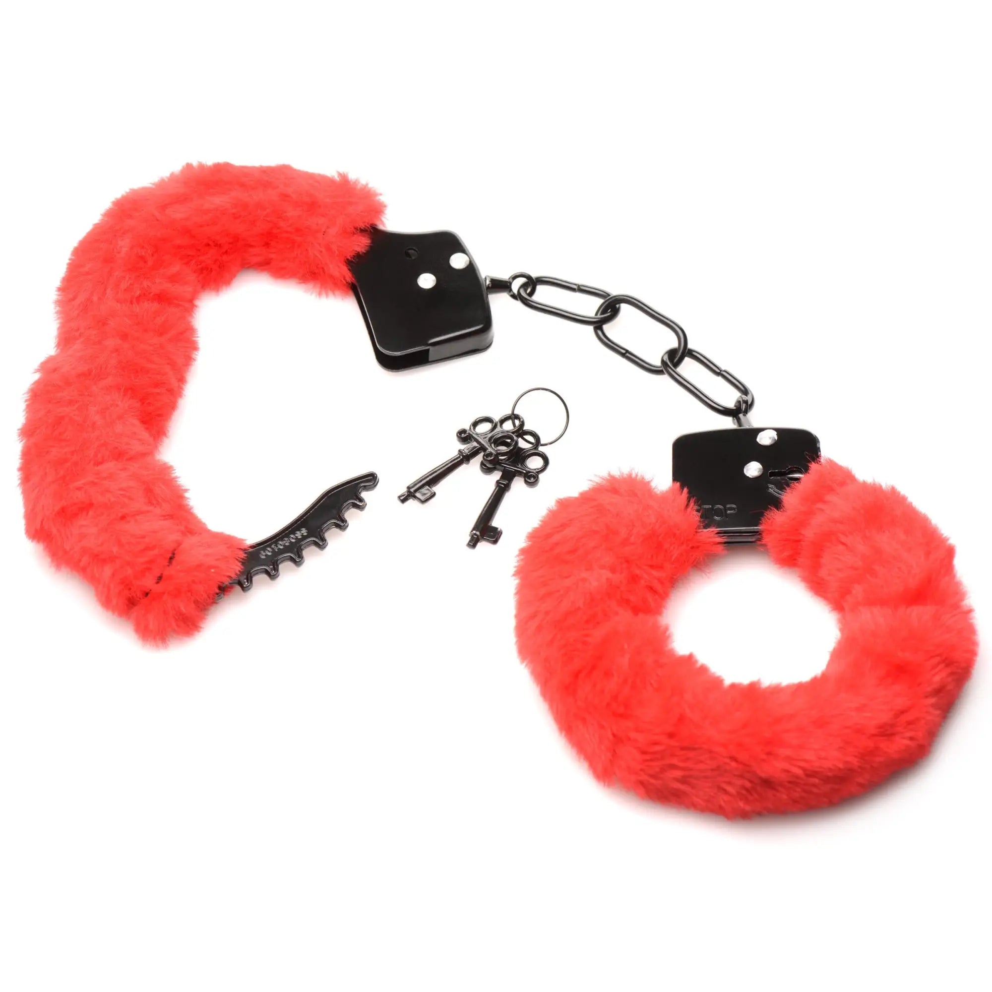 Master Series Cuffed In Fur: Black metal handcuffs with red faux fur lining and two matching keys on a white background.