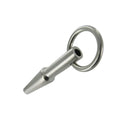 Master Series Cum-Thru Penis Plug: a hollow, metallic silver tapered sound with a circular handle.