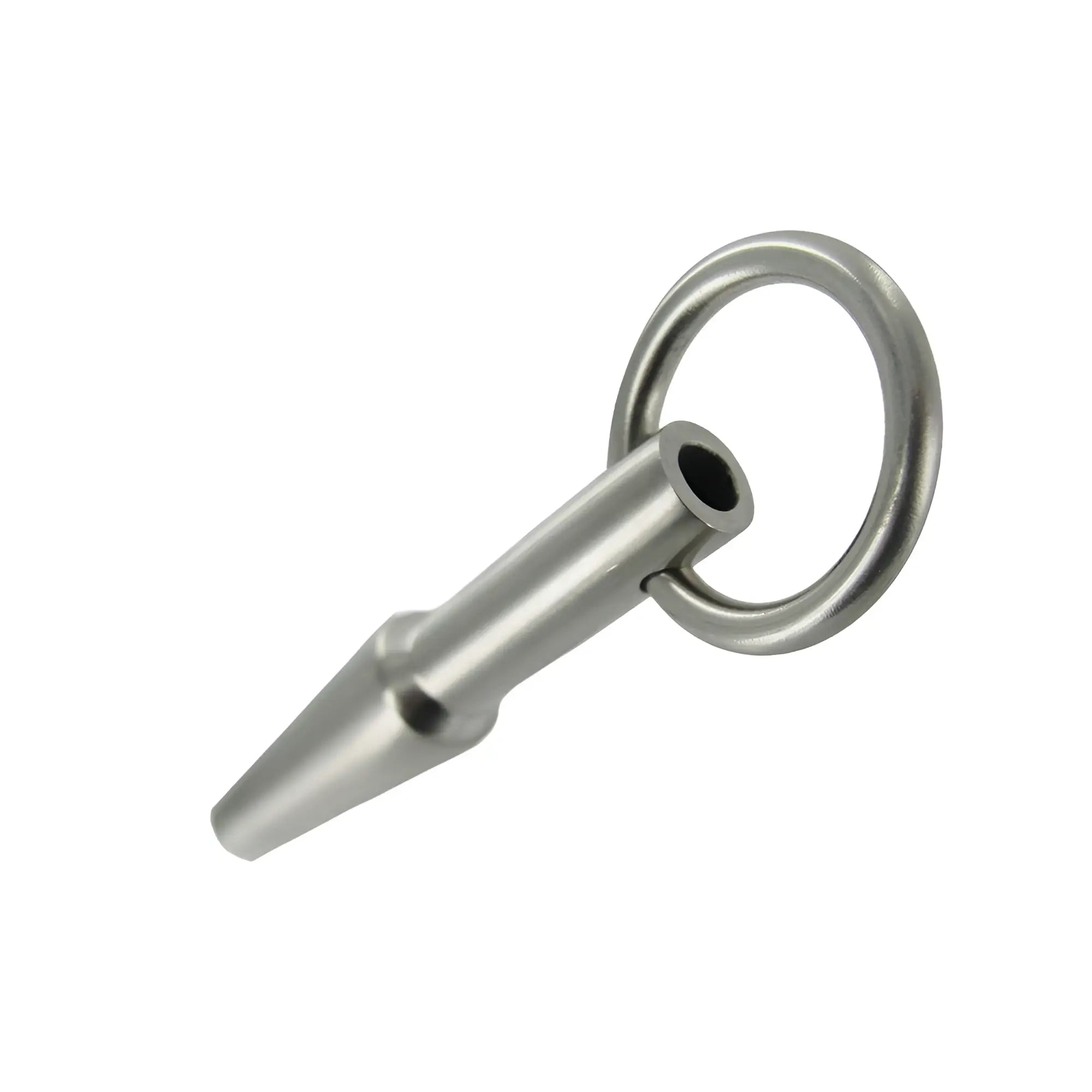 Master Series Cum-Thru Penis Plug: a hollow, metallic silver tapered sound with a circular handle.