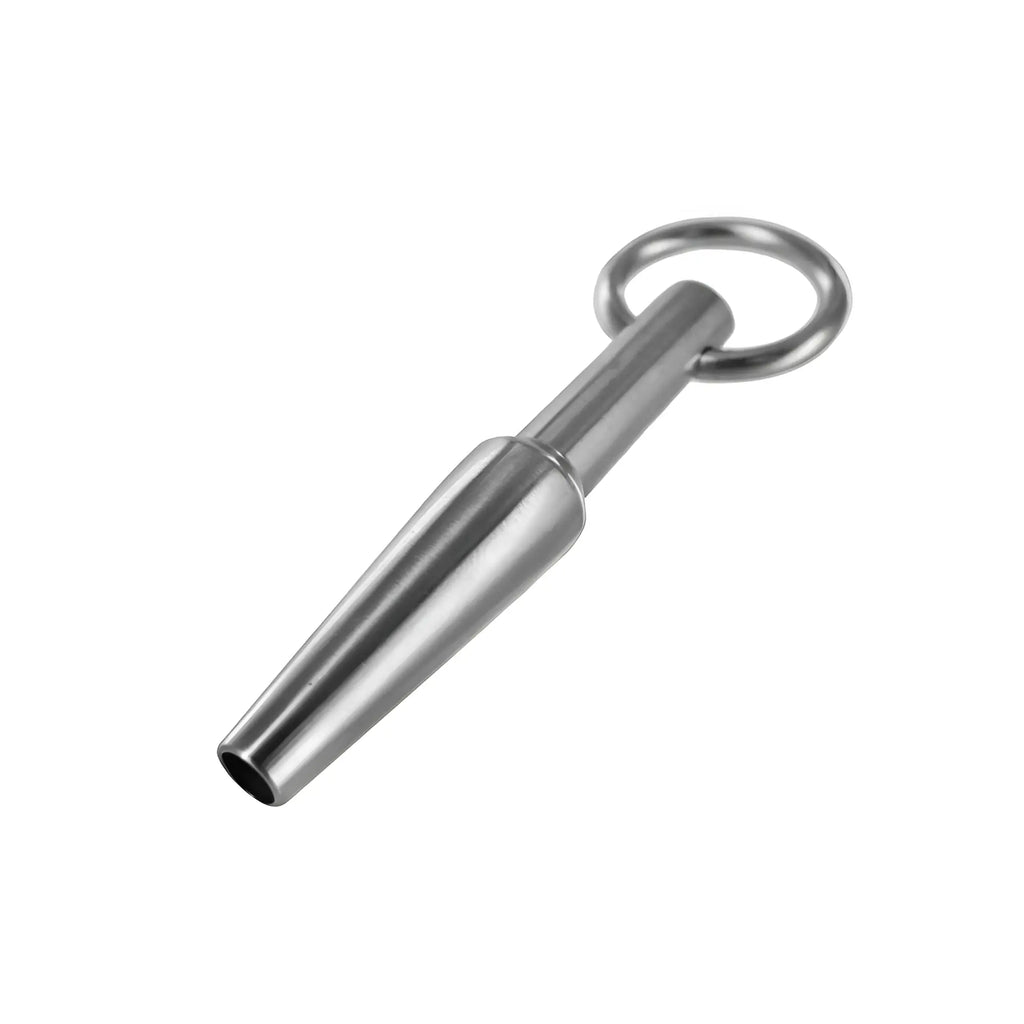 Master Series Cum-Thru Penis Plug: A smooth, silver-toned, tapered metal plug with a hollow center and pull ring.