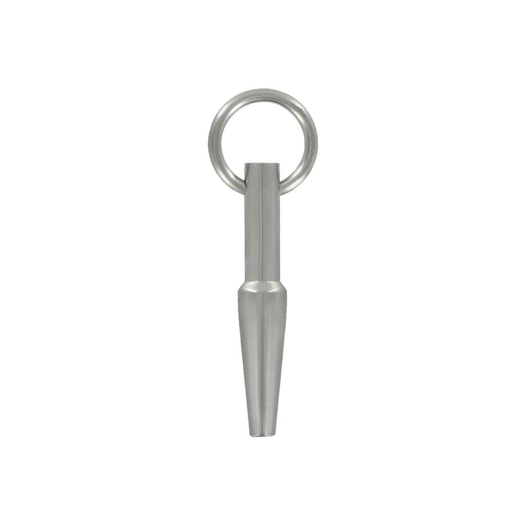 Master Series Cum-Thru Penis Plug: A smooth, silver-toned metal urethral plug with a tapered tip and ring handle.