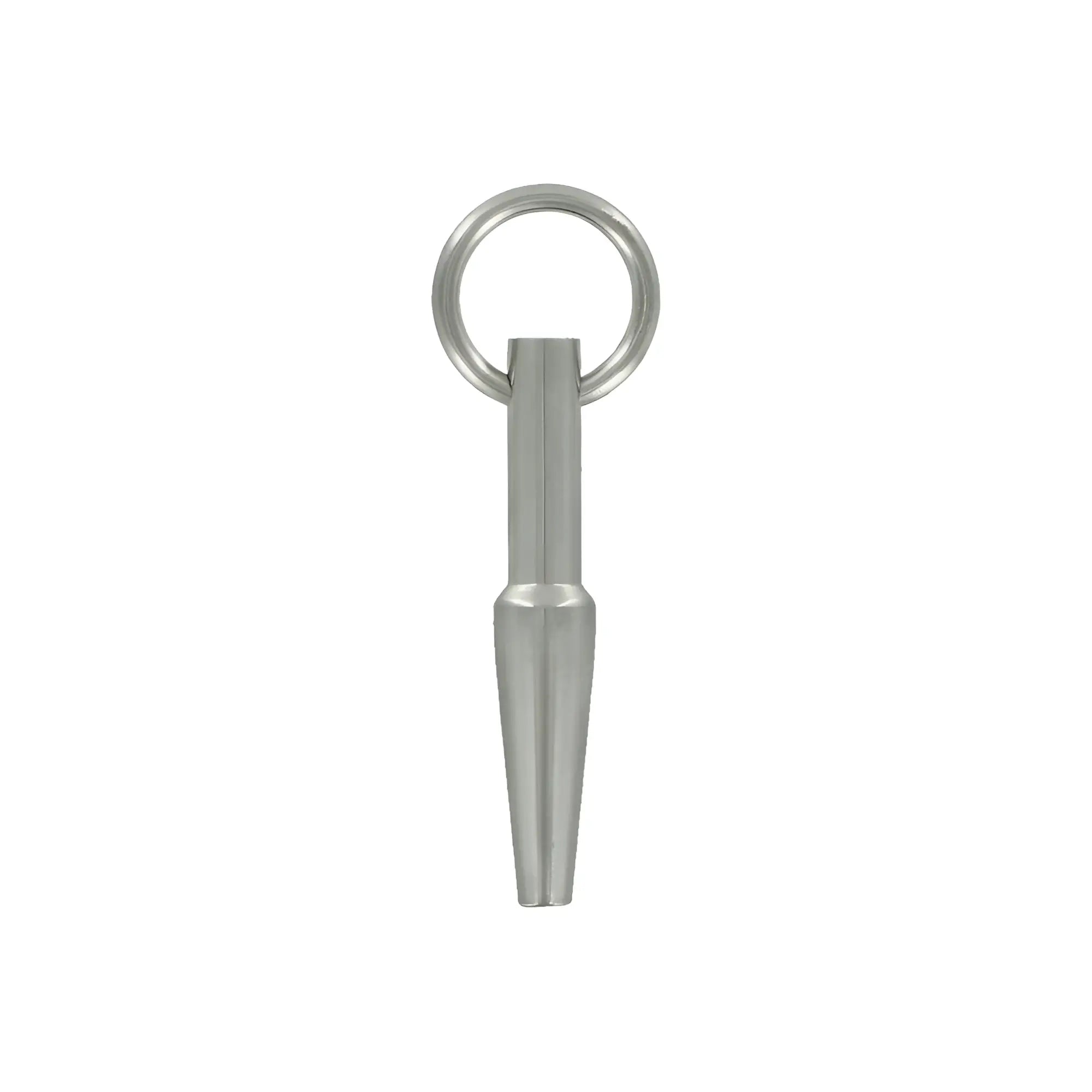 Master Series Cum-Thru Penis Plug: A smooth, silver-toned metal urethral plug with a tapered tip and ring handle.
