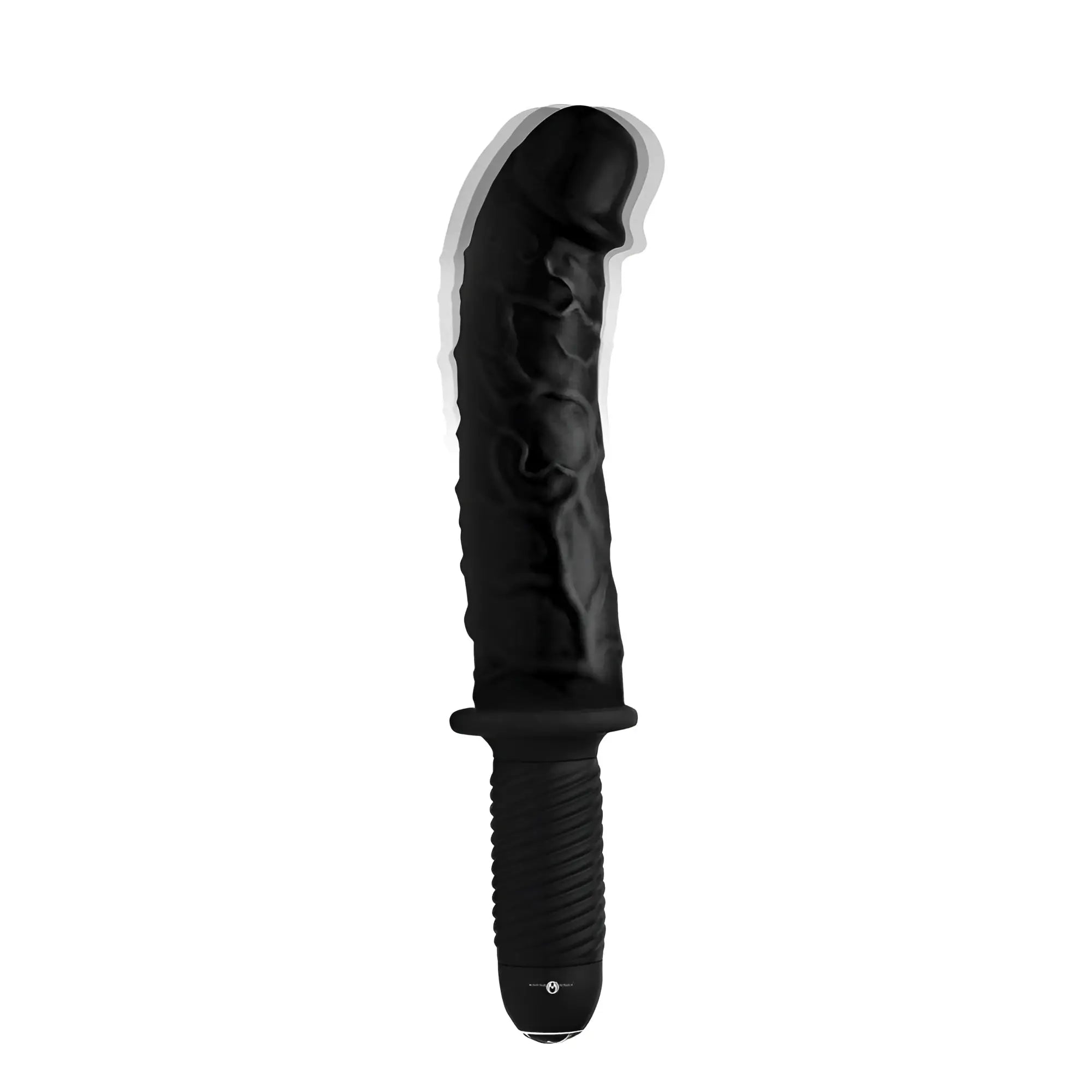 Master Series Curved Dicktator: A black, realistic, veiny curved dildo with a textured handle and motion blur effect.
