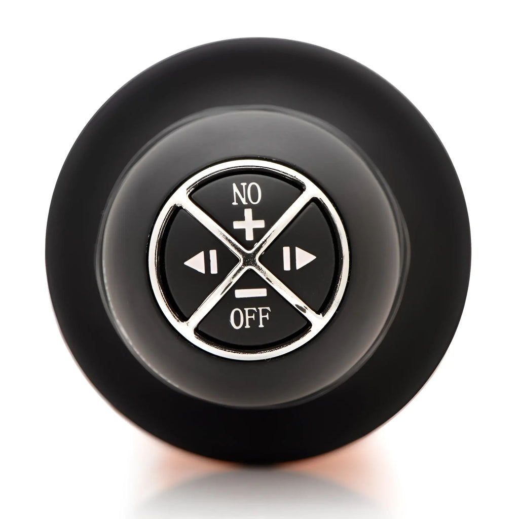 Close-up of the Master Series Dicktator dildo's circular black control panel with silver buttons and icons.
