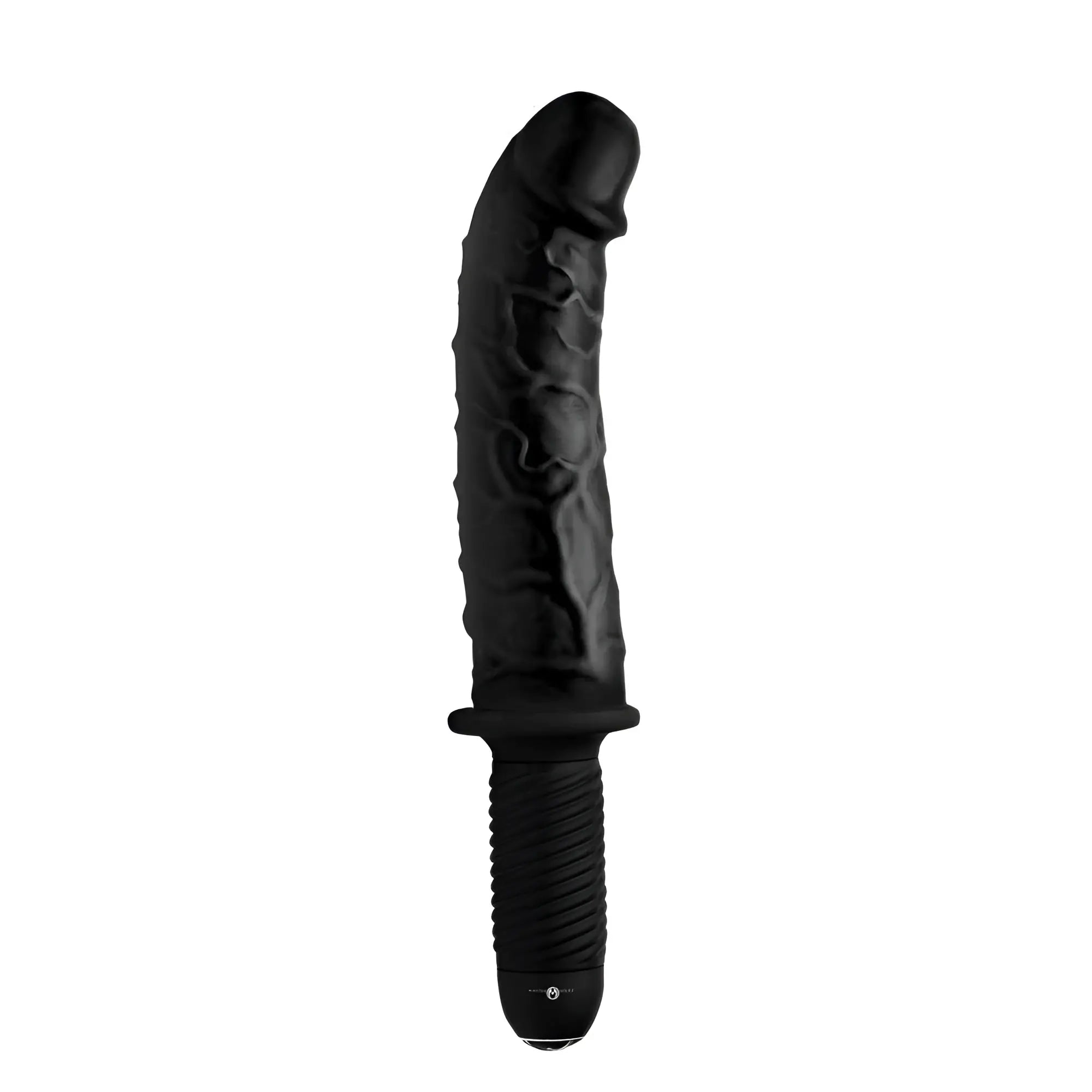 Master Series Curved Dicktator: a matte black, veined, curved dildo with a textured handle on a white background.