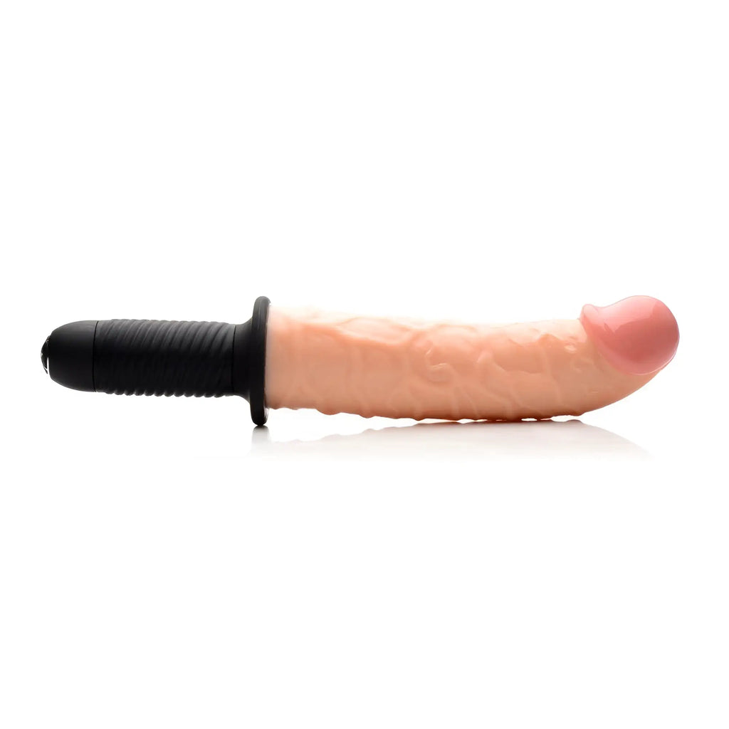 Master Series Curved Dicktator: a realistic, beige, veined dildo with a black ribbed handle on a white background.