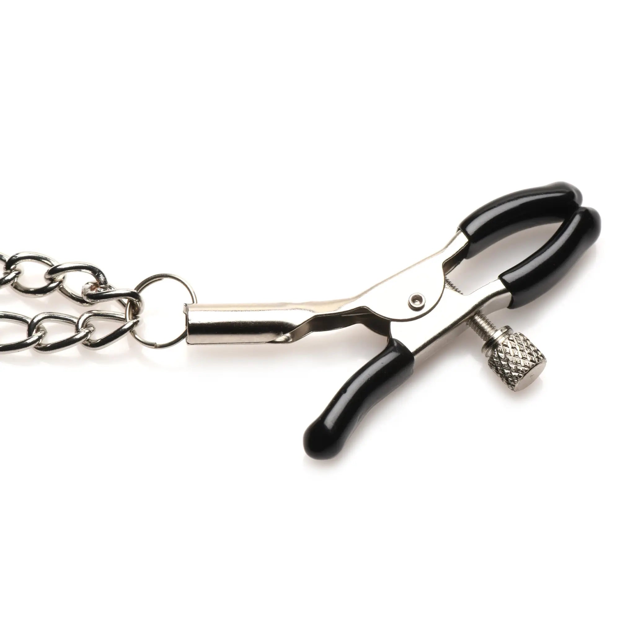 Master Series Daggers nipple clamp with adjustable screw, silver metal finish, black rubber tips, and metal chain.