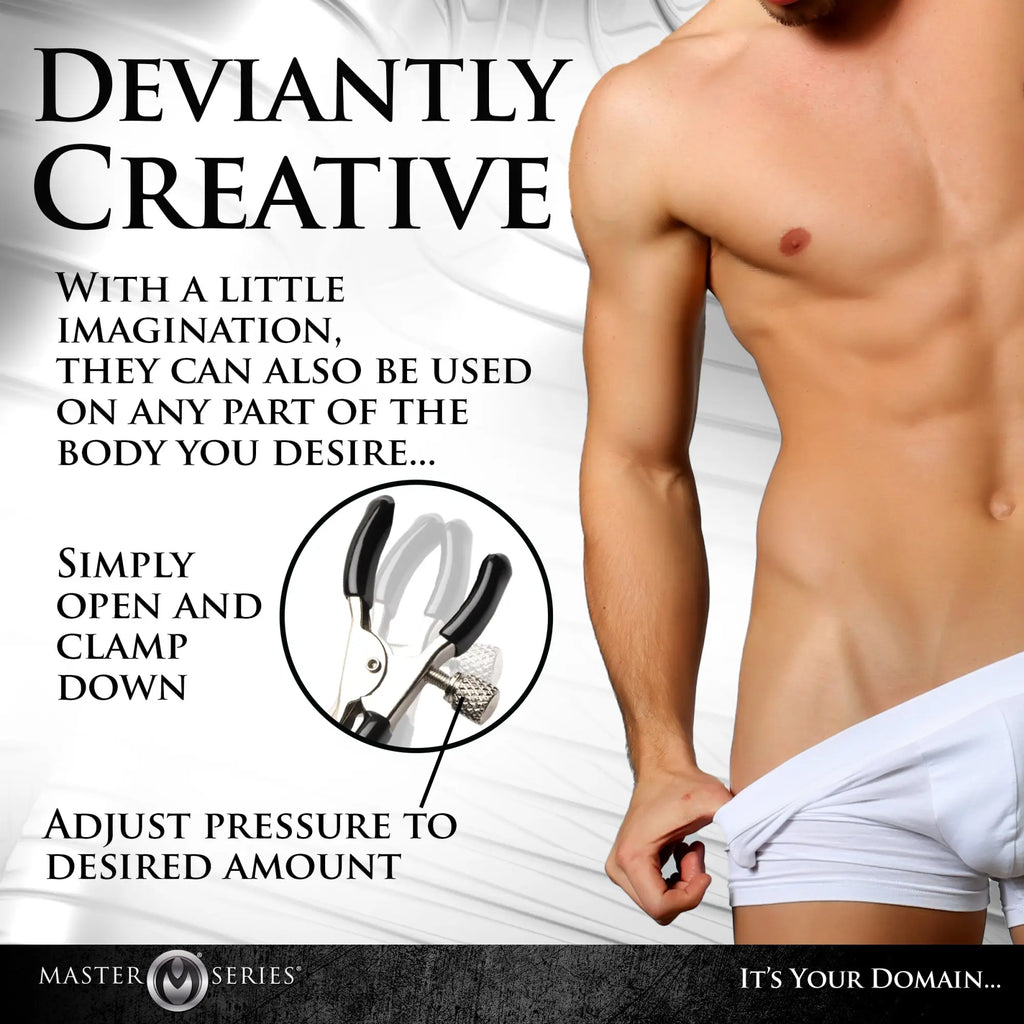 Master Series Daggers: Silver metal adjustable nipple clamps with black rubber tips and a double chain connector.