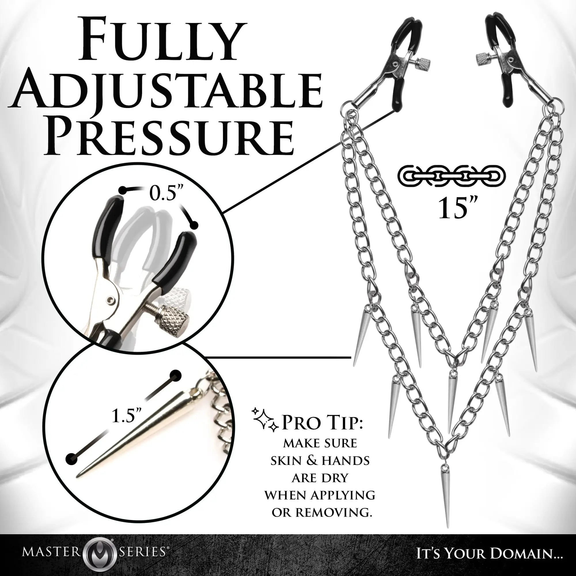 Master Series Dagger nipple clamps with adjustable silver-tone metal chains and black silicone-coated tips.