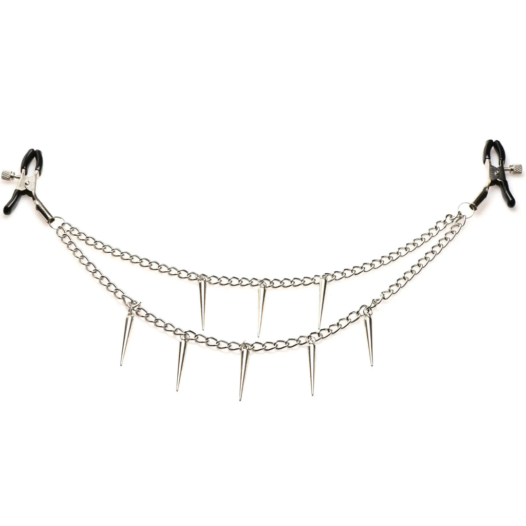 Master Series Daggers nipple clamps with silver chains and hanging spike charms, connected by black-tipped metal clips.