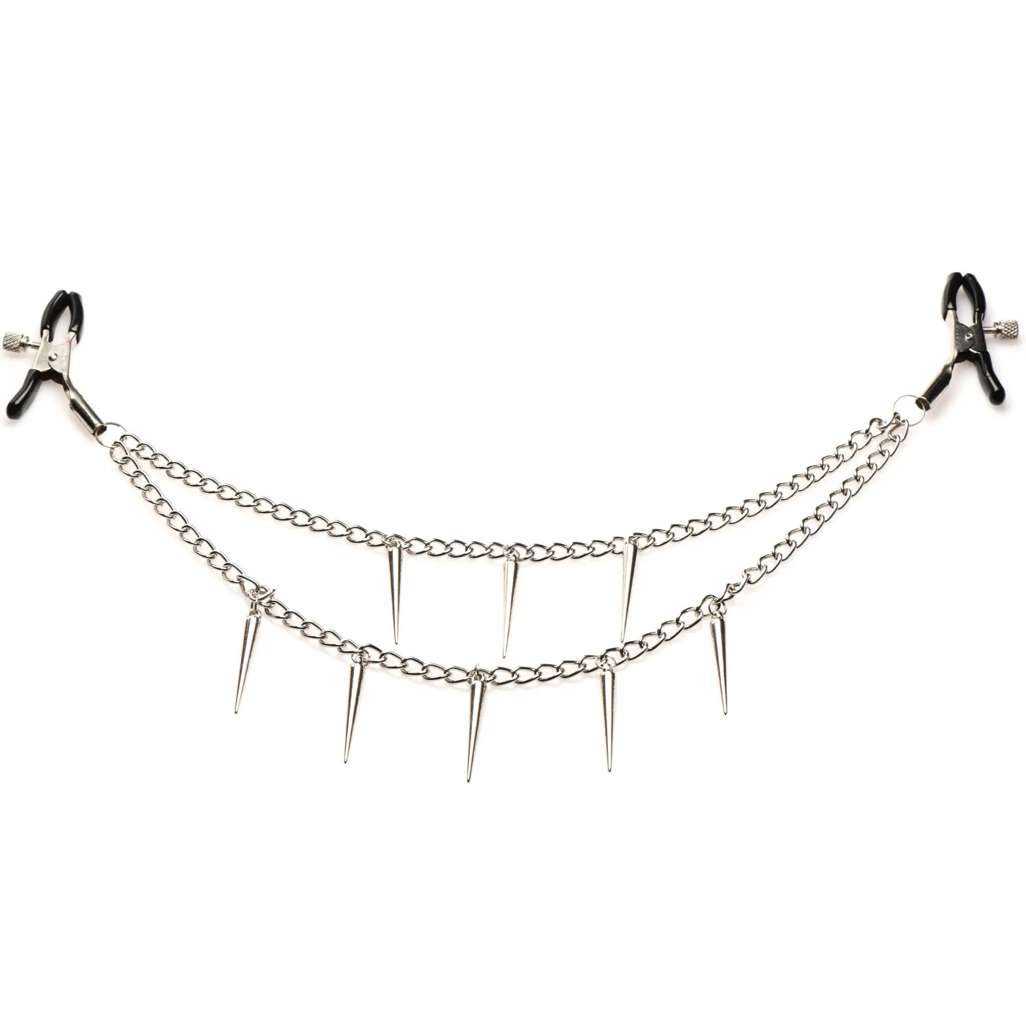 Master Series Daggers nipple clamps with silver chains and hanging spike charms, connected by black-tipped metal clips.