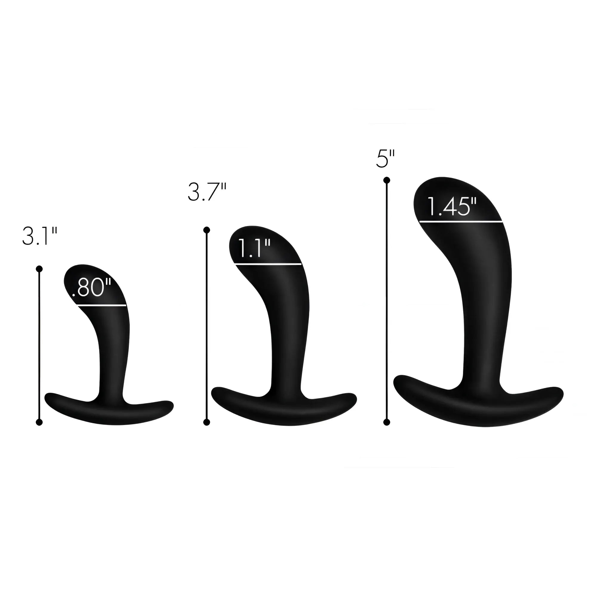 Master Series Dark Delights 3-piece black silicone anal trainer set showing graduated sizes with dimension labels.