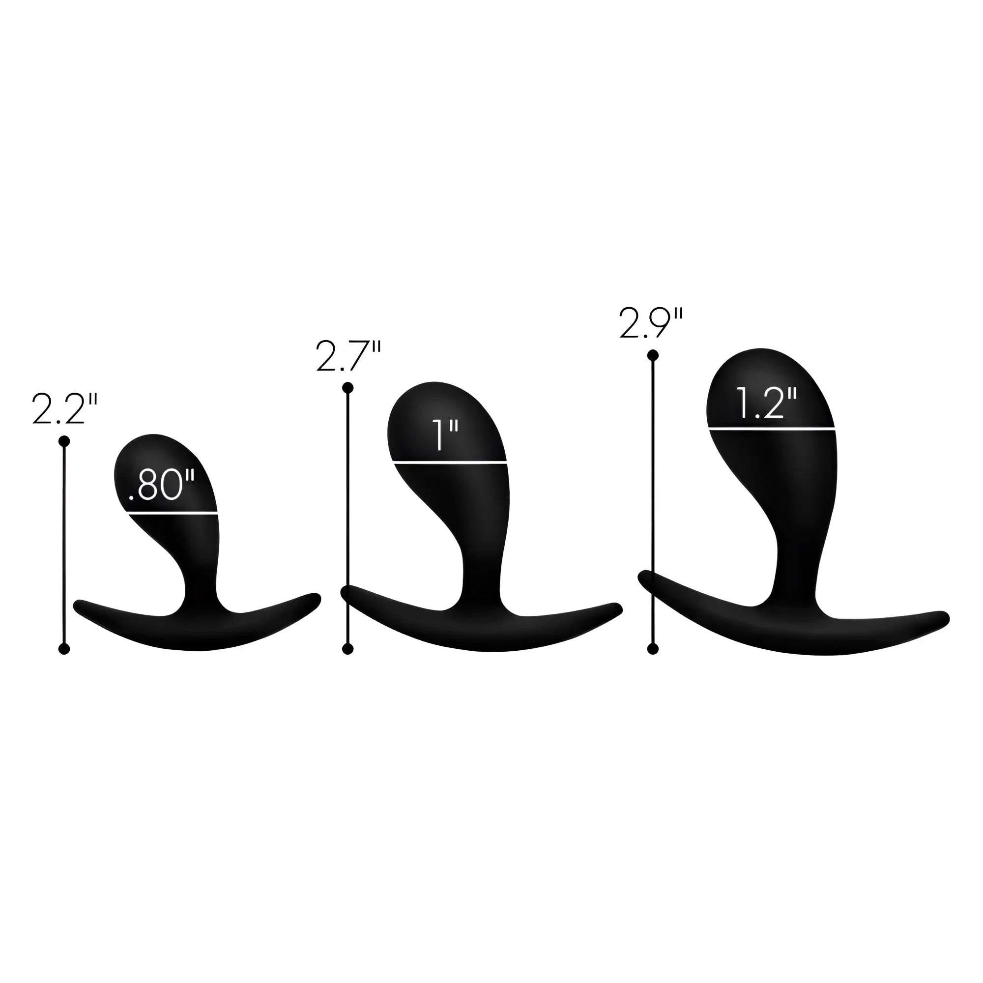 Master Series 3-piece black silicone anal trainer set, shown in three sizes with height and width measurements.