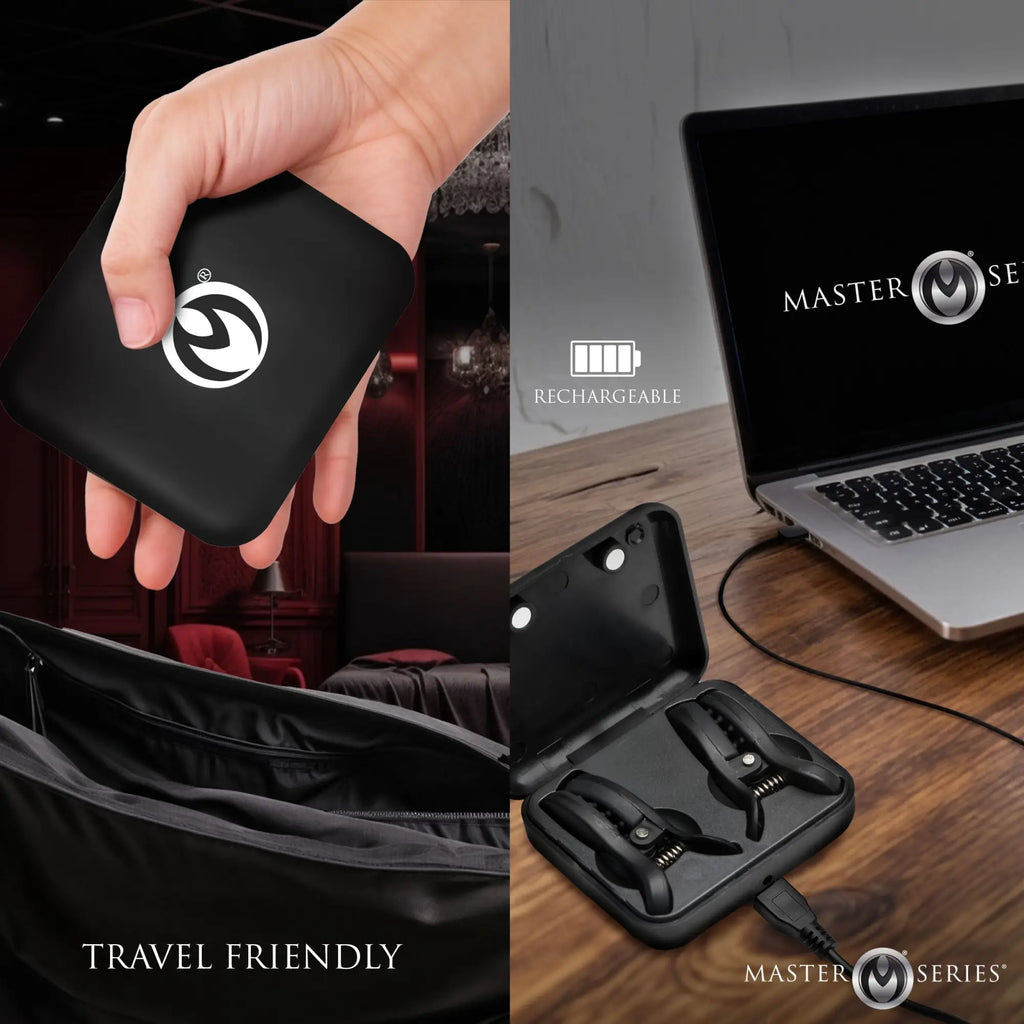 Master Series Dark Grip vibrating nipple clamps in a sleek, rechargeable black carrying case, shown charging via USB.