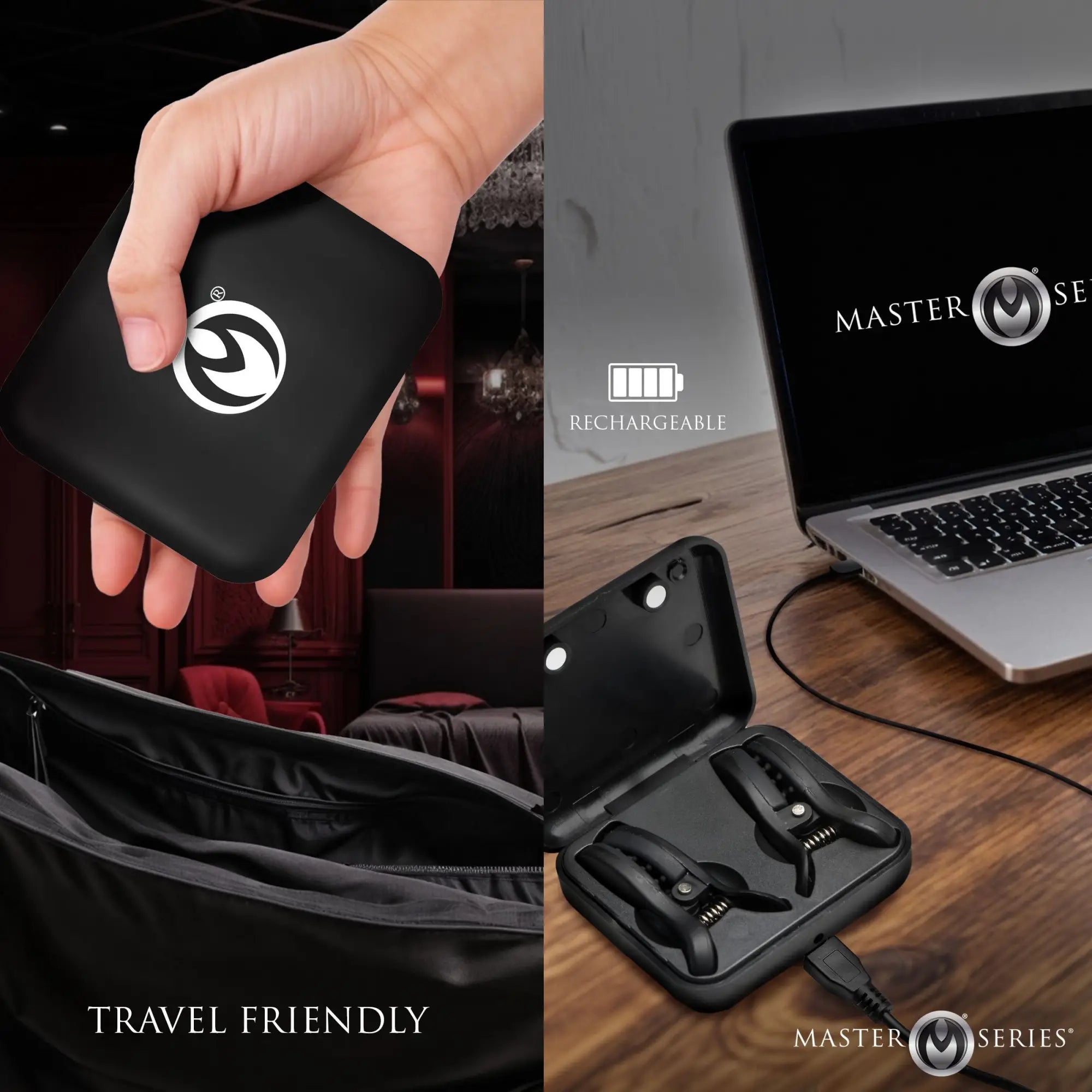 Master Series Dark Grip vibrating nipple clamps in a sleek, rechargeable black carrying case, shown charging via USB.