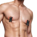 Master Series Dark Grip black vibrating nipple clamps with red graphic vibration lines attached to a male chest.