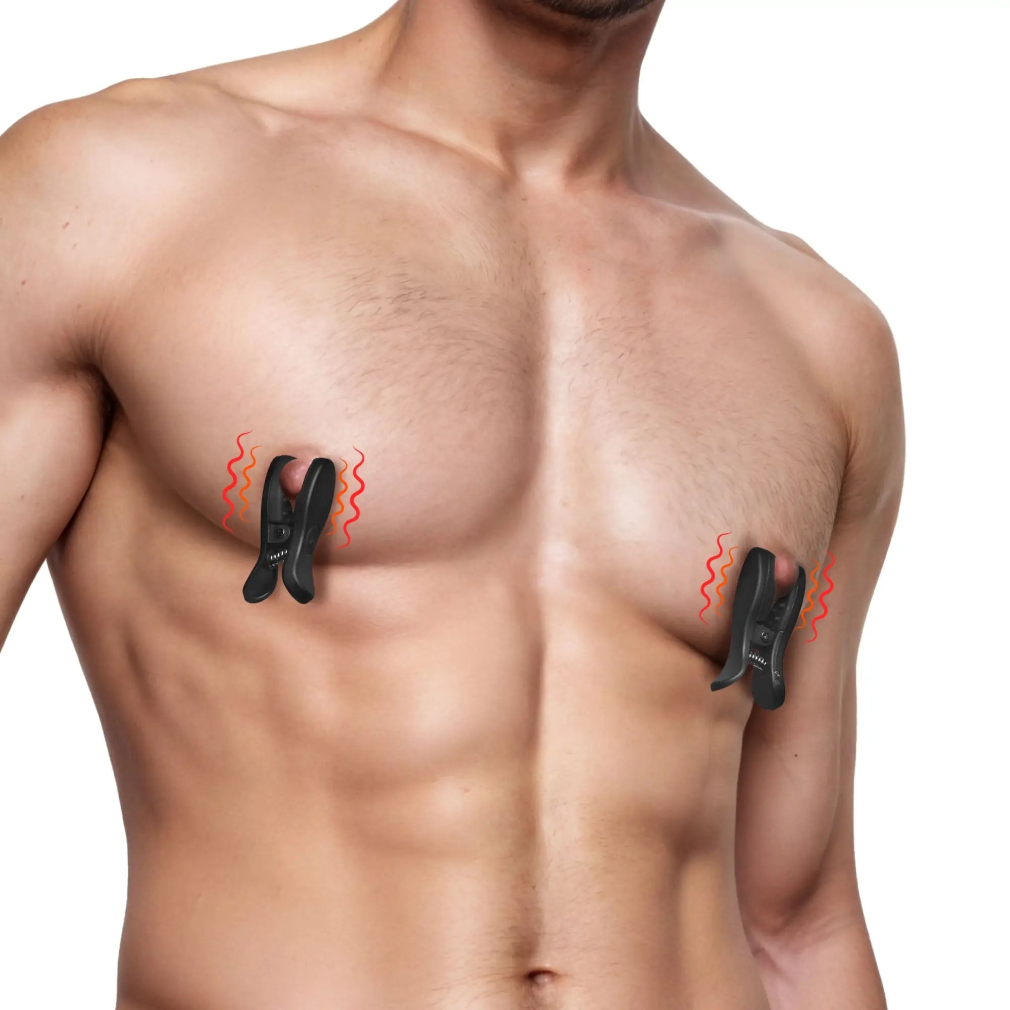 Master Series Dark Grip black vibrating nipple clamps with red graphic vibration lines attached to a male chest.