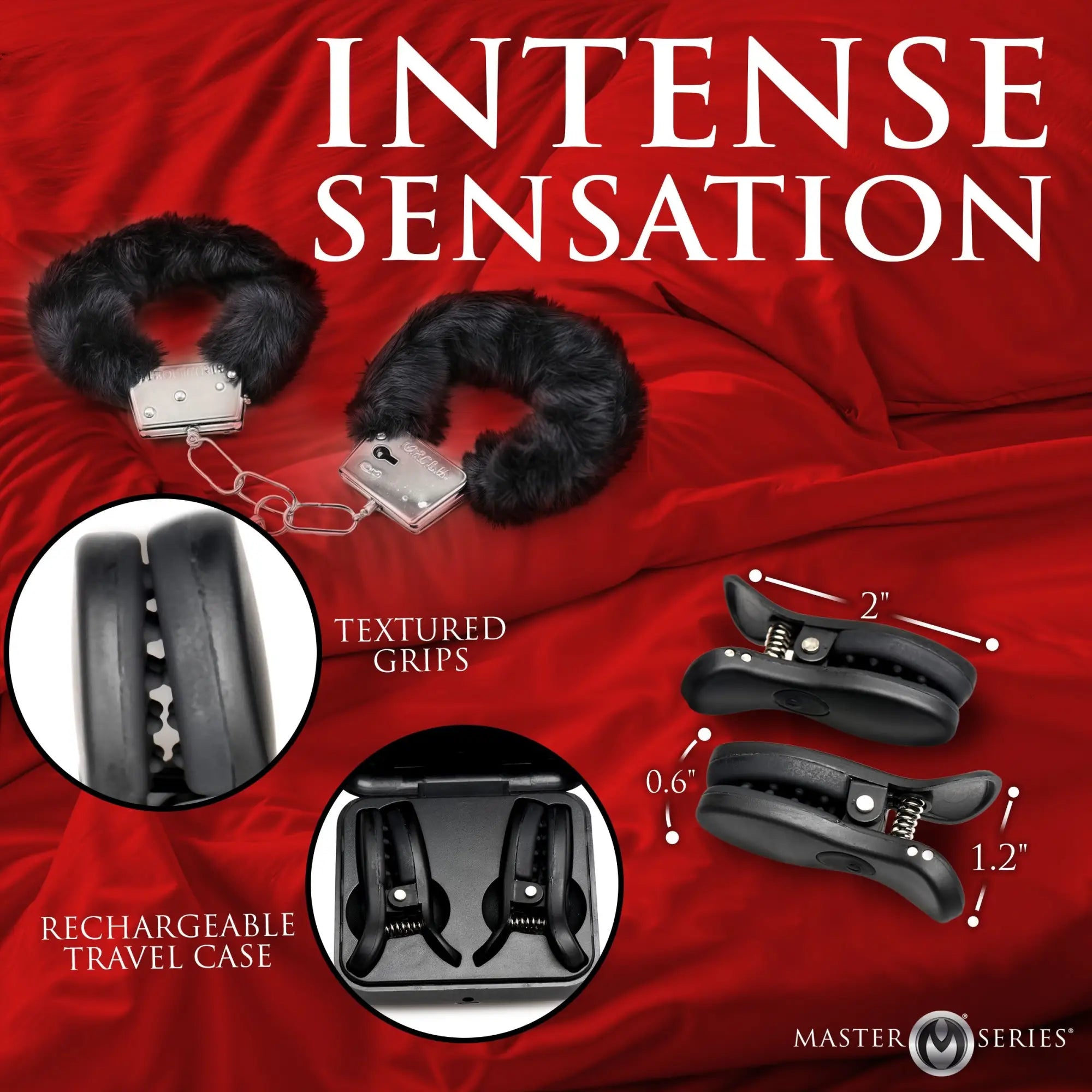 Master Series Dark Grip vibrating nipple clamps, shown in black with textured grips, a travel case, and sizing details.