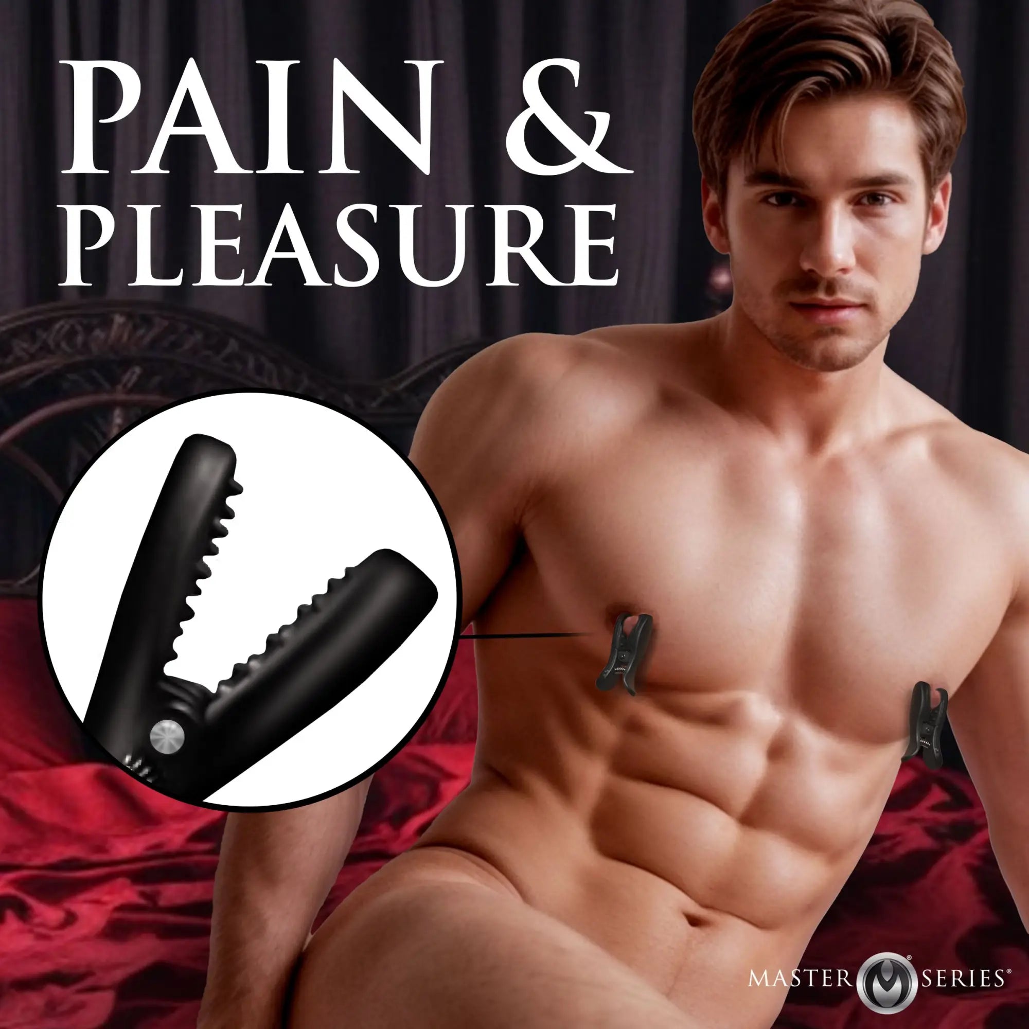 Master Series Dark Grip vibrating nipple clamps on a shirtless man, featuring a black, textured, adjustable design.