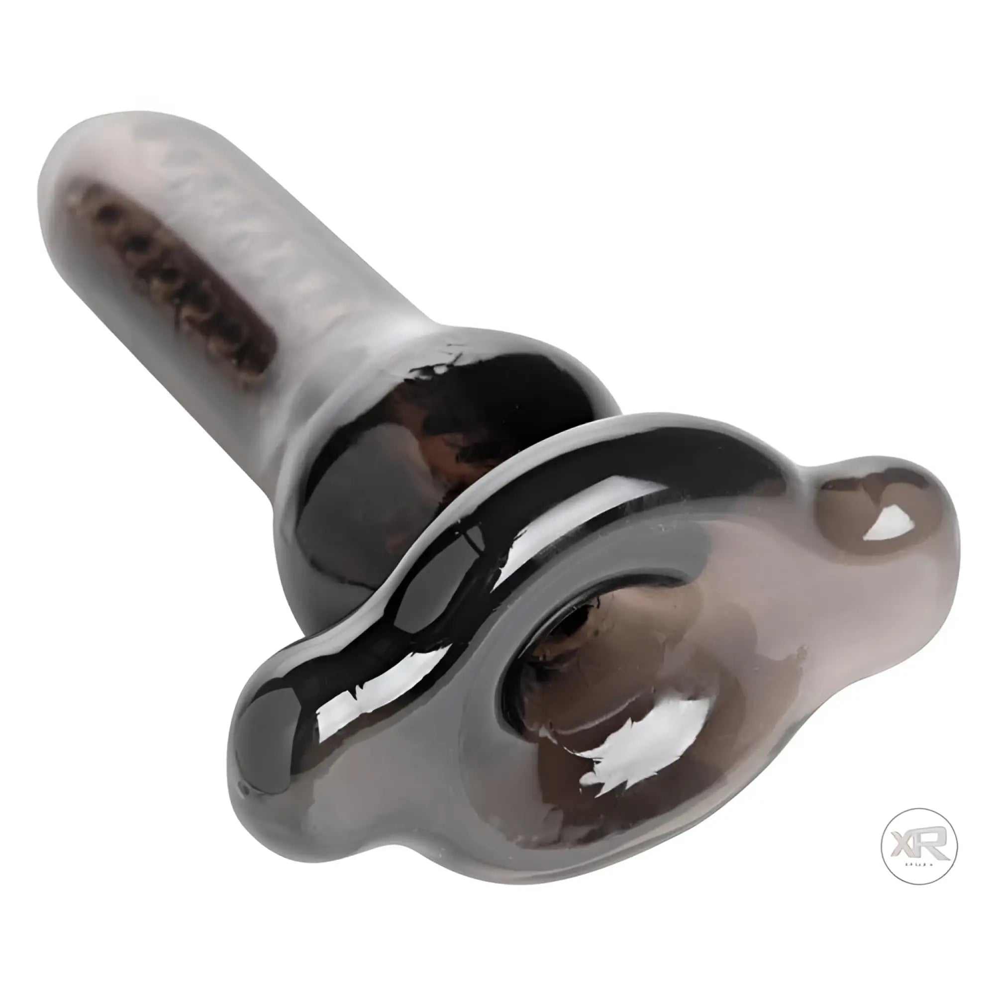 Master Series Dark Inception: A glossy, smoke-grey translucent silicone anal toy with a flared, textured base.