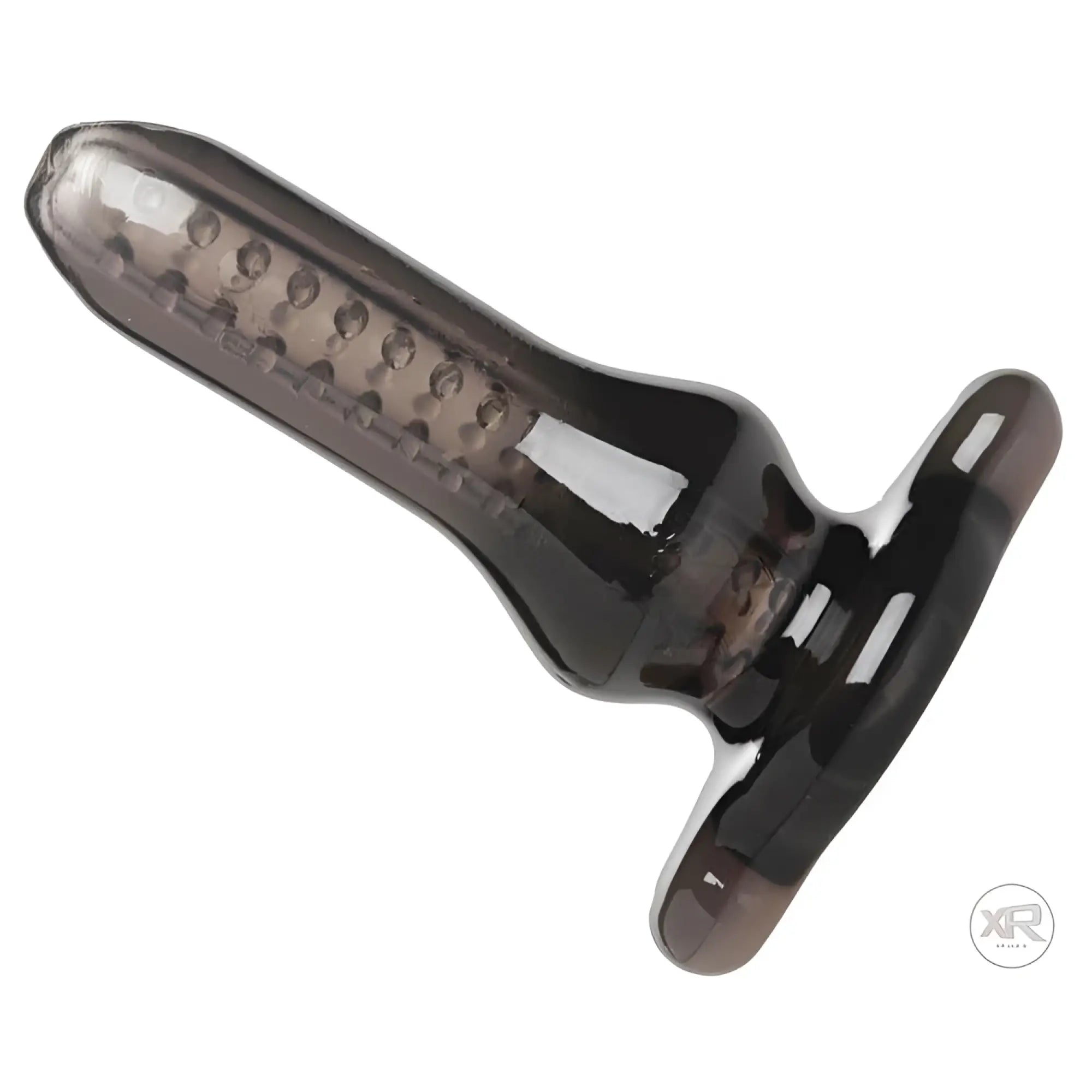 Master Series Dark Inception: A black, translucent silicone T-shaped anal device with an internal textured shaft.