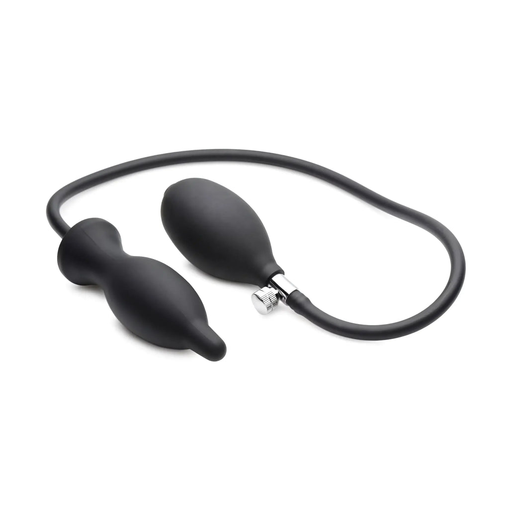 Master Series Dark Inflator: A black silicone anal plug with a hand pump and metal valve, set against a white background.