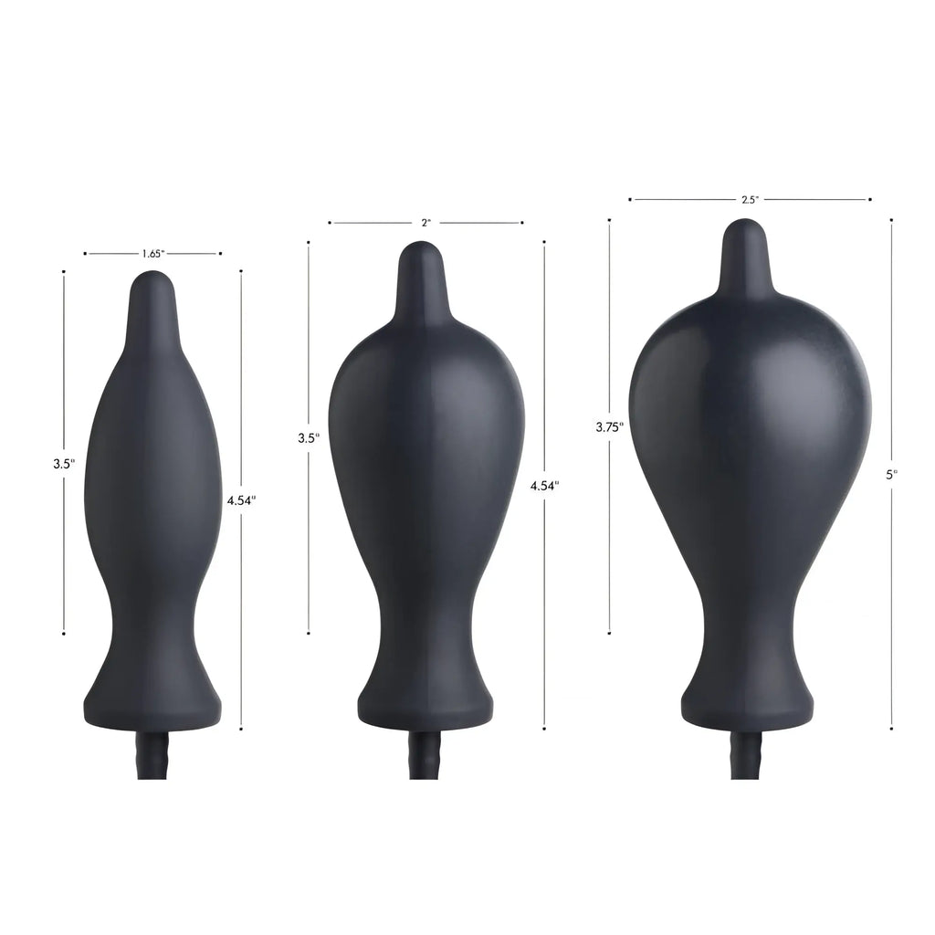 Three sizes of Master Series Dark Inflator silicone anal plugs shown in black with dimensions labeled on a white background.