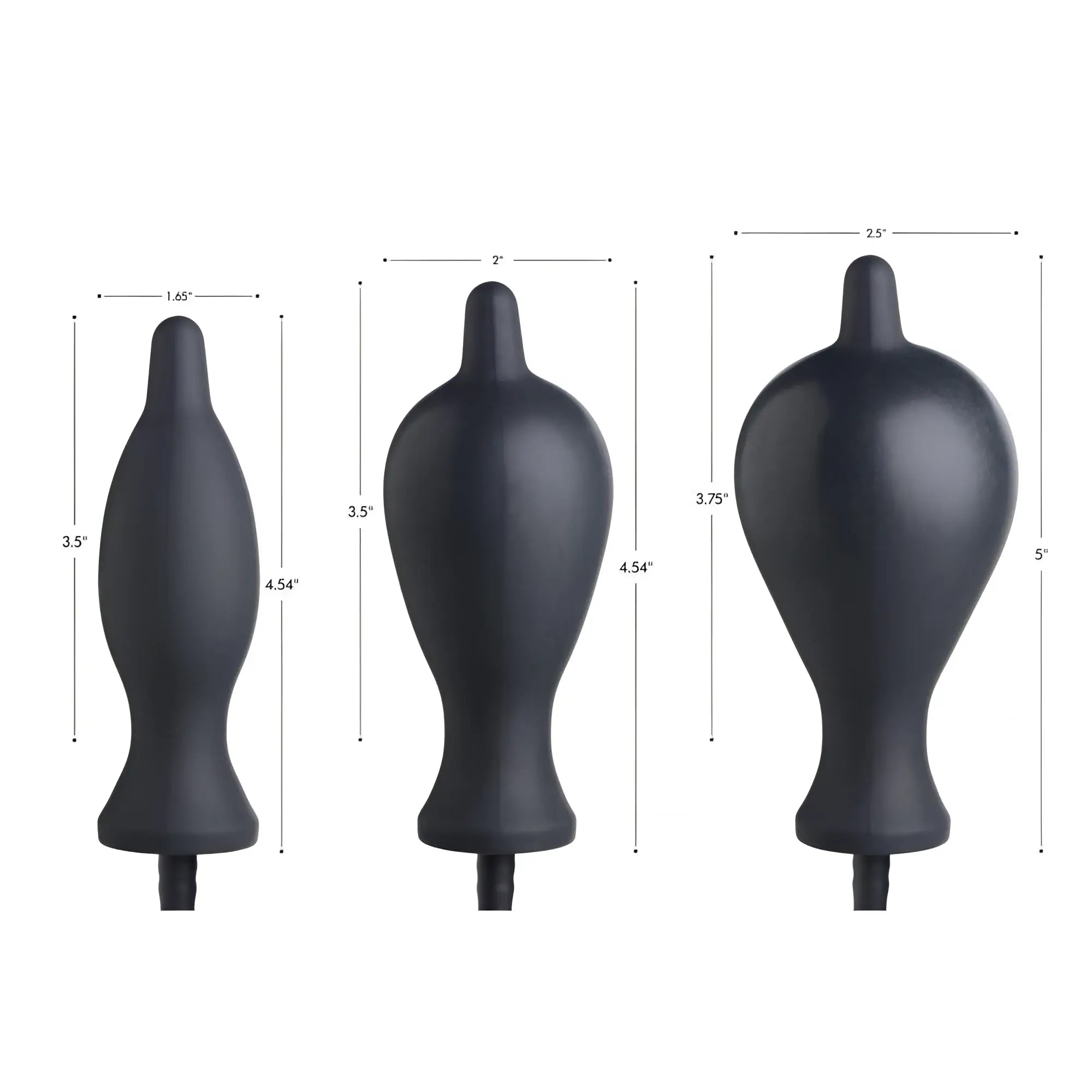Three sizes of Master Series Dark Inflator silicone anal plugs shown in black with dimensions labeled on a white background.