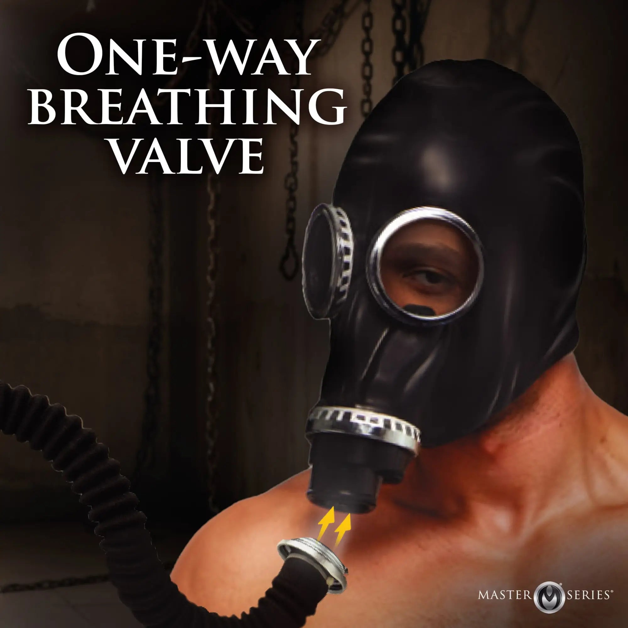 Master Series Dark Inhaler gas mask: a black, close-fitting fetish hood with chrome eye accents and a breathing hose.