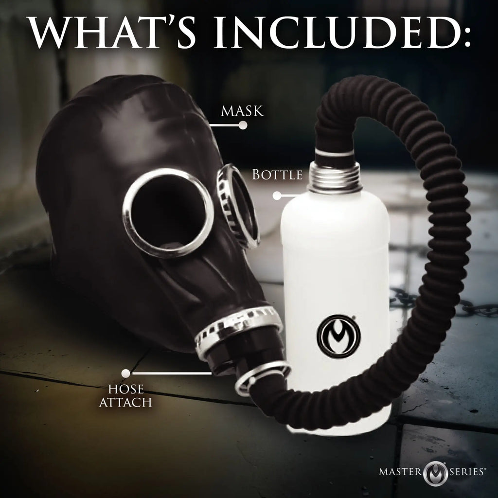 Master Series Dark Inhaler gas mask with black hose and white bottle. Labeled parts show mask, bottle, and hose attach.