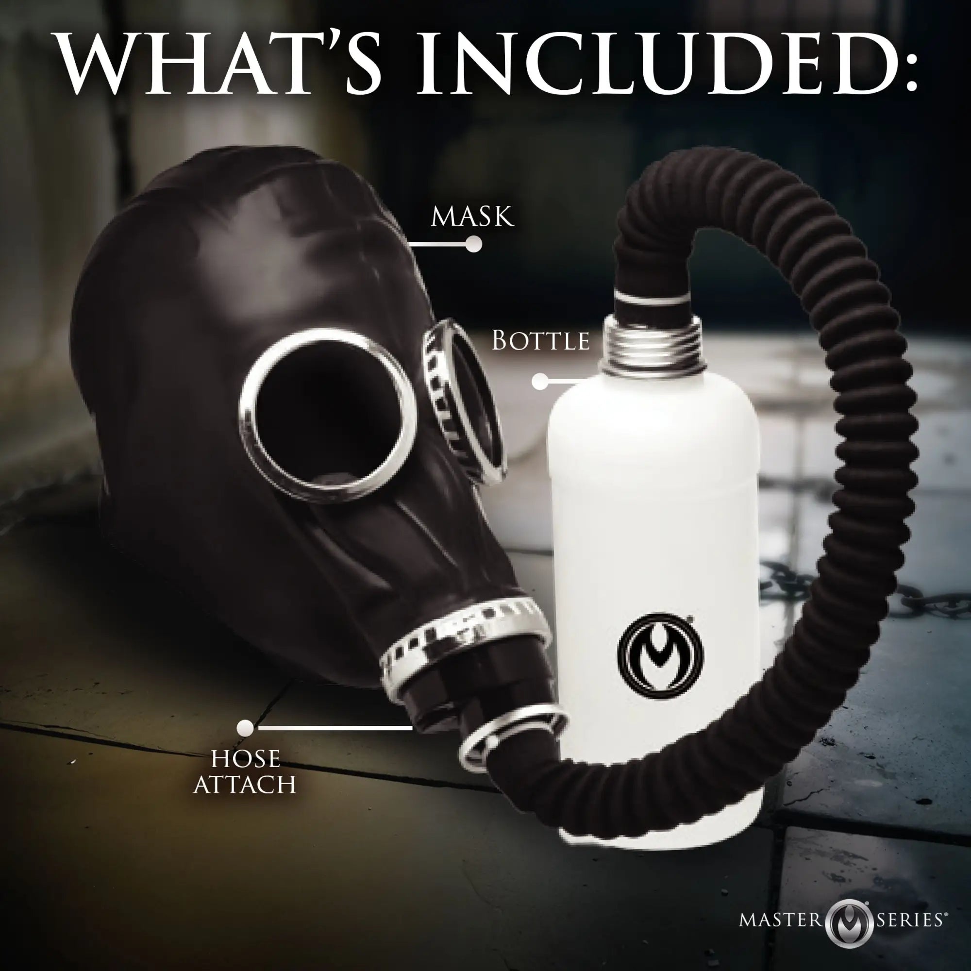 Master Series Dark Inhaler gas mask with black hose and white bottle. Labeled parts show mask, bottle, and hose attach.