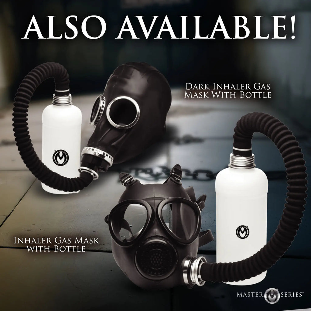 Two Master Series black rubber gas masks with black ribbed hoses attached to white bottles on a dark background.