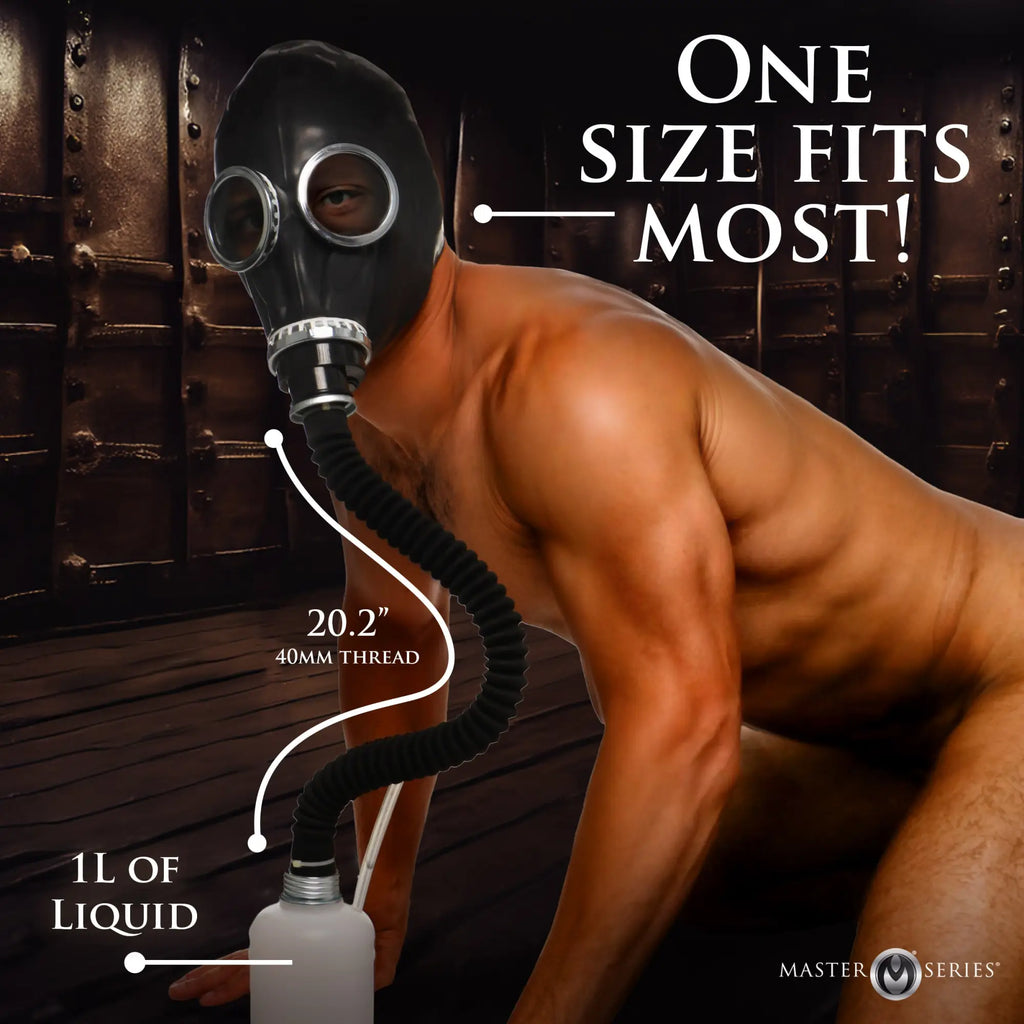 Master Series Dark Inhaler black gas mask with 20.2" hose and 1L liquid bottle on a shirtless model.