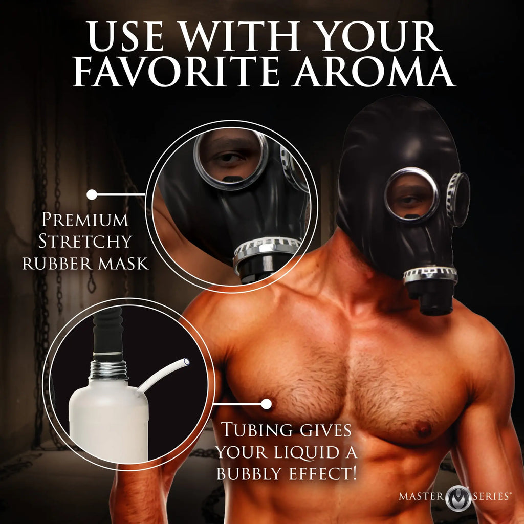 A shirtless man wears a black Master Series rubber gas mask. Insets show the mask detail and an attached liquid bottle.