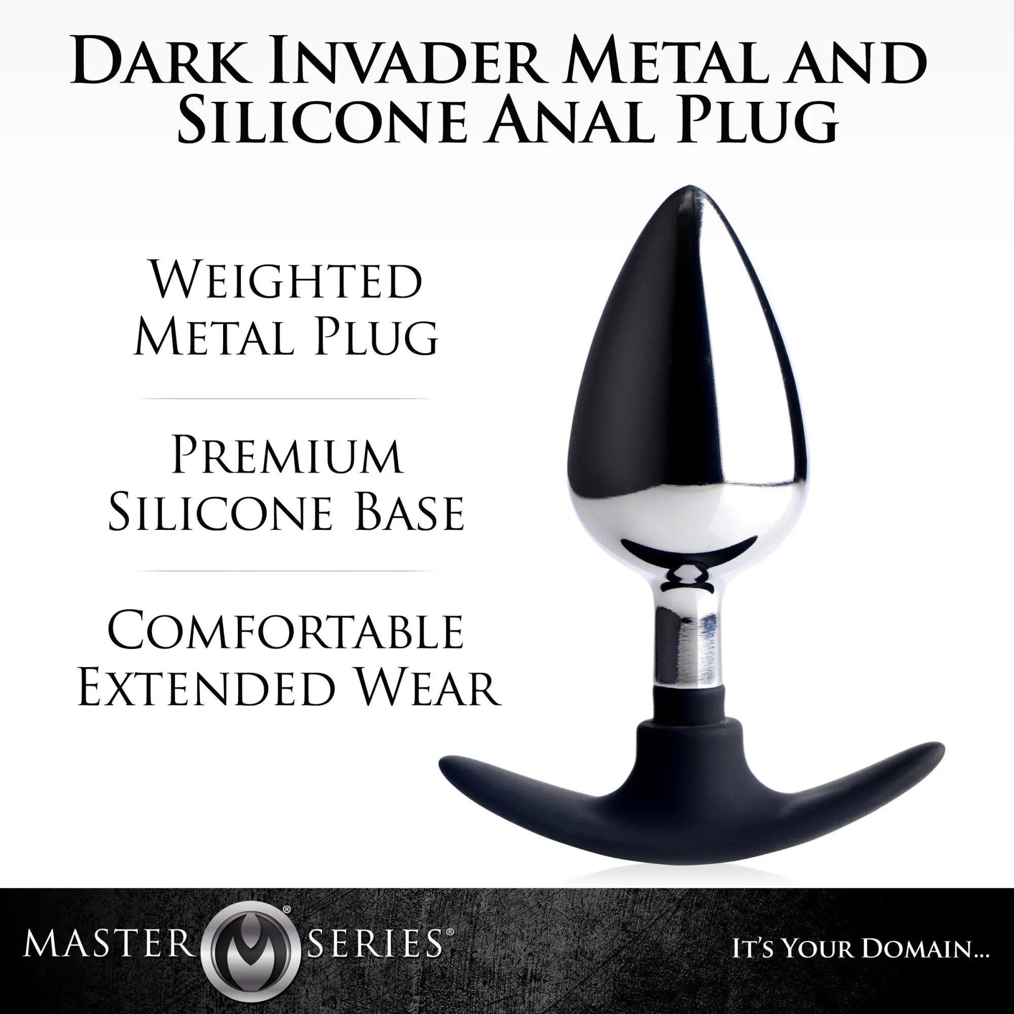 Master Series Dark Invader anal plug with a polished silver metal tip and a black silicone flared base.