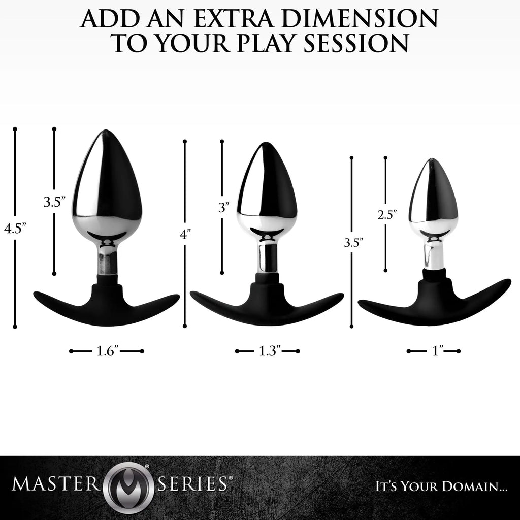 Master Series Dark Invader anal plugs: Three silver metal teardrop tips with black silicone bases and dimension labels.