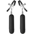 Master Series Dark Passion vibrating nipple clamps with chrome metal pinch clips and long, matte black handles.