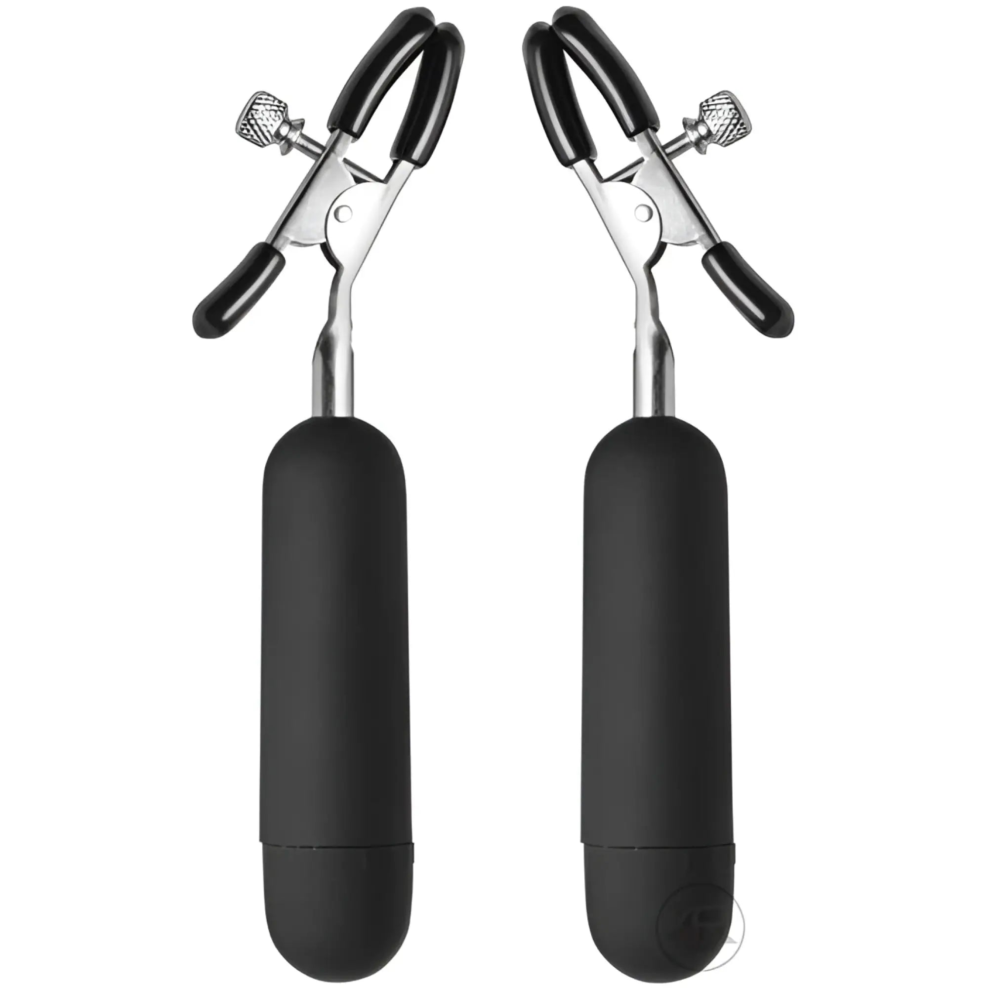 Master Series Dark Passion vibrating nipple clamps with chrome metal pinch clips and long, matte black handles.